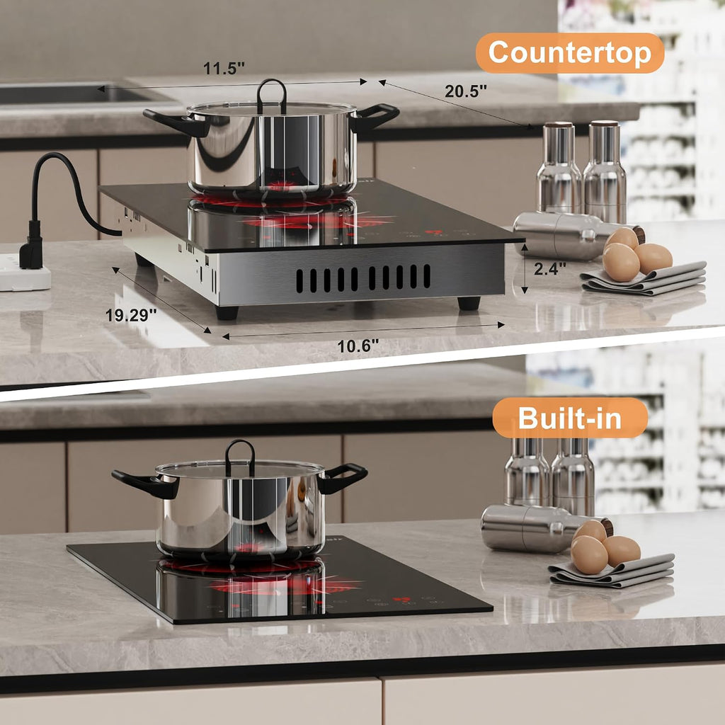 2 Burner Electric Cooktop - 2000W 12 Inch Electric Stove Top Built-in & Countertop, 110V Portable Two Burner Electrical Cook Top with Safety Lock, 180-Min Timer, Touch Control, 110V Plug in