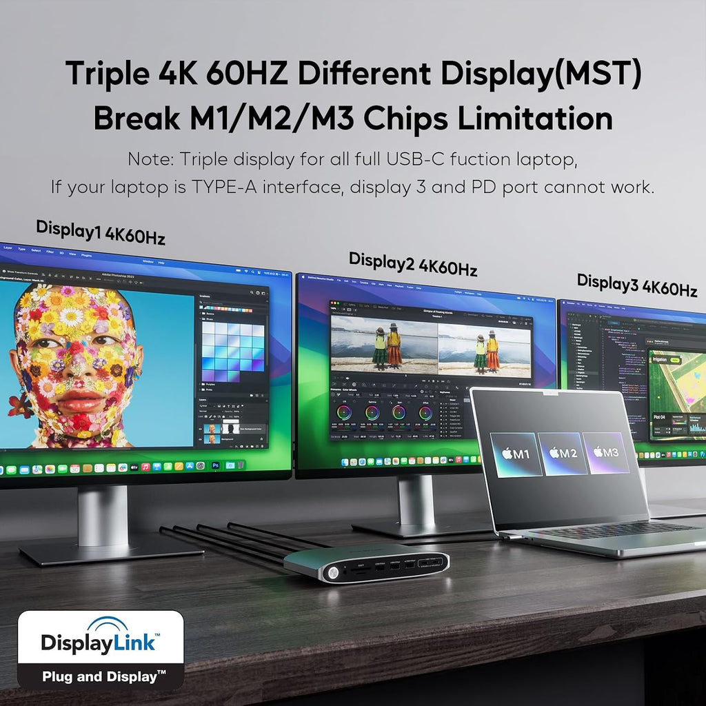 DisplayLink Docking Station Triple Monitor with 140W Power Adapter, PULWTOP 4K@60Hz Laptop Docking USB C Dock for MacBook M1/M2/M3, Windows, 3xHDMI, 2xDisplayPort,5xUSB C/USB A Data/Charging