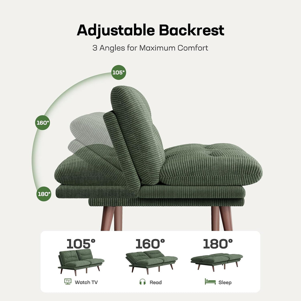 Marsail 74.8' Futon Sofa Bed, Corduroy Convertible Futon Couch with Adjustable Backrest & Armrests, Small Sleeper Sofa Loveseat for Small Apartments, Study Room, Office, Green