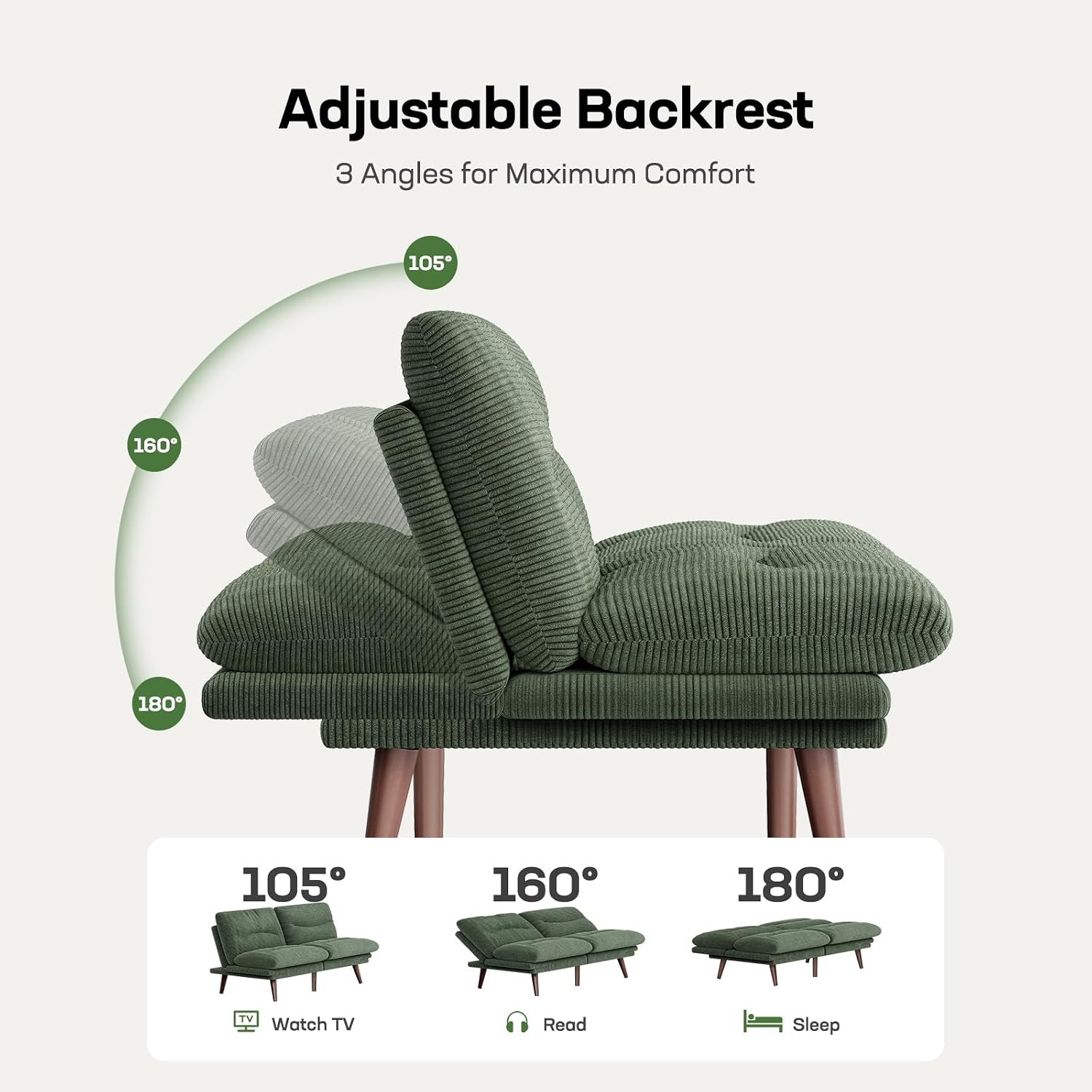 Marsail 74.8' Futon Sofa Bed, Corduroy Convertible Futon Couch with Adjustable Backrest & Armrests, Small Sleeper Sofa Loveseat for Small Apartments, Study Room, Office, Green