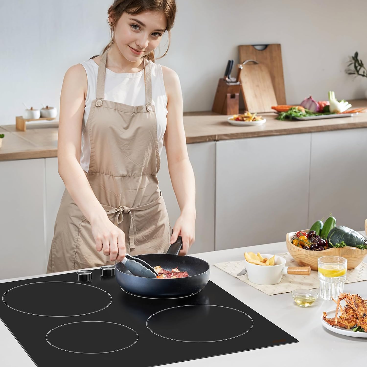 VEVOR Electric Ceramic Cooktop, Built-in Electric Stove Top, with Glass Panel, Knob Control, 11 Heat Levels, for Diverse Cooking Requirements (24inch-4burners/220V)