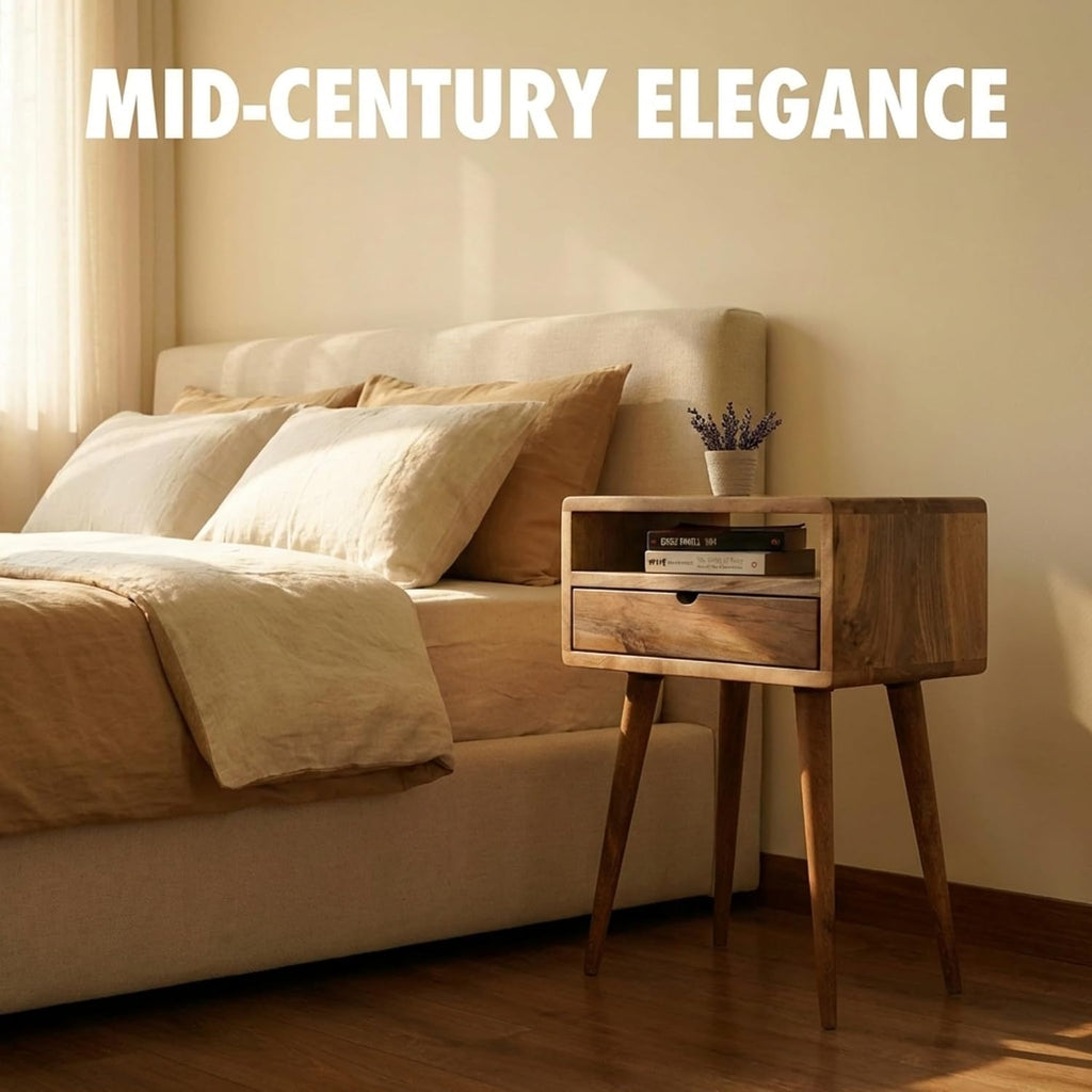 Ultimate Premium Products Mid Century Nightstand with Drawer Solid Walnut Bedside Table with Shelf Nightstand Organizer Unique Style Handmade Bedroom Furniture
