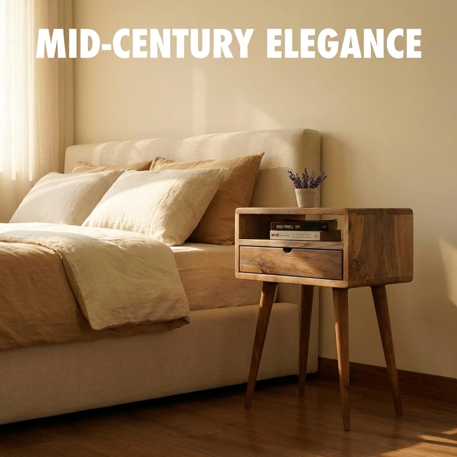 Ultimate Premium Products Mid Century Nightstand with Drawer Solid Walnut Bedside Table with Shelf Nightstand Organizer Unique Style Handmade Bedroom Furniture