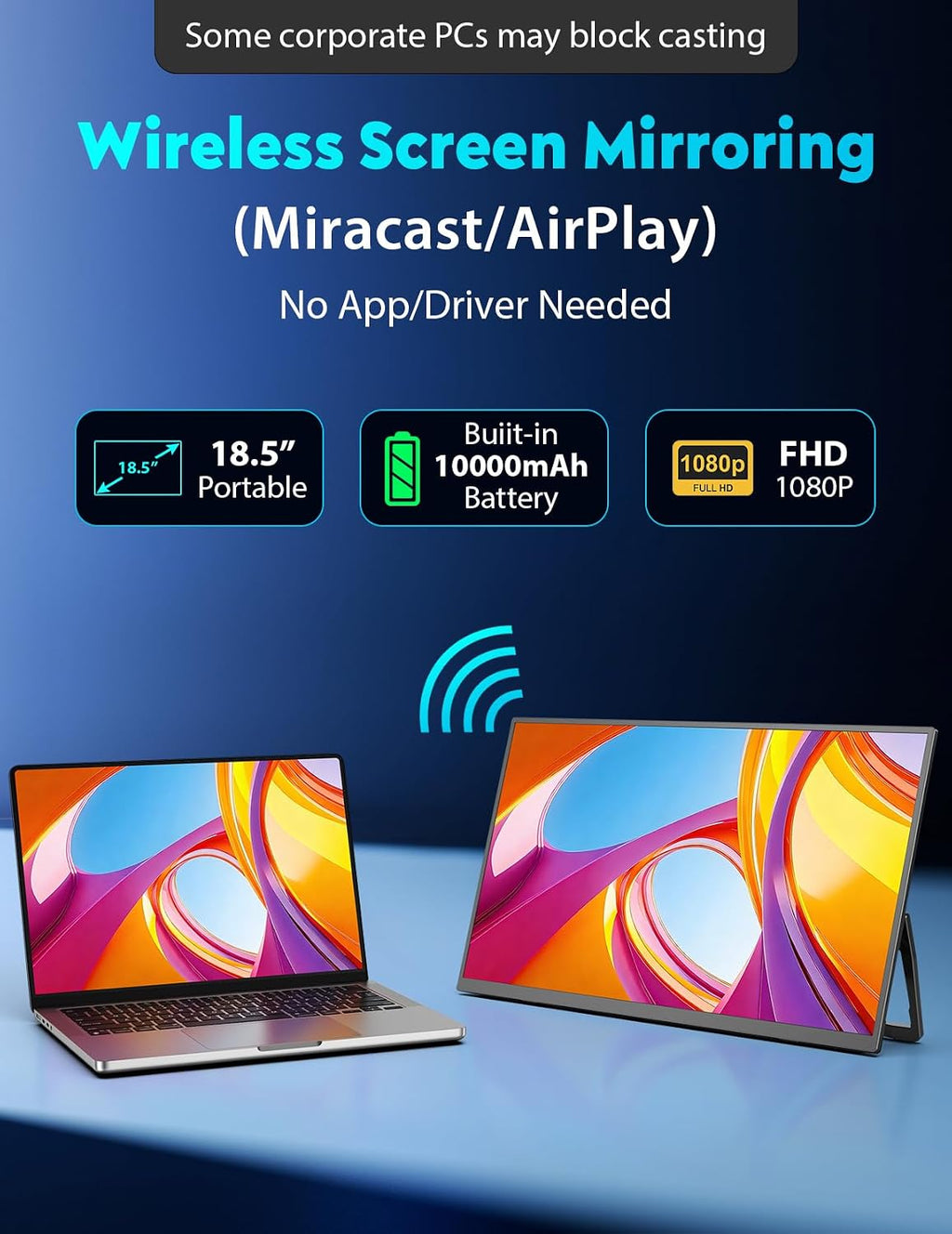 18.5' True Wireless Portable Monitor, 1080P FHD, 10000mAh Battery, Wireless Screen Mirroring (AirPlay/Miracast), Auto Rotation for Phone/Tablet, USB‑C & Mini HDMI, VESA, Protective Sleeve Included