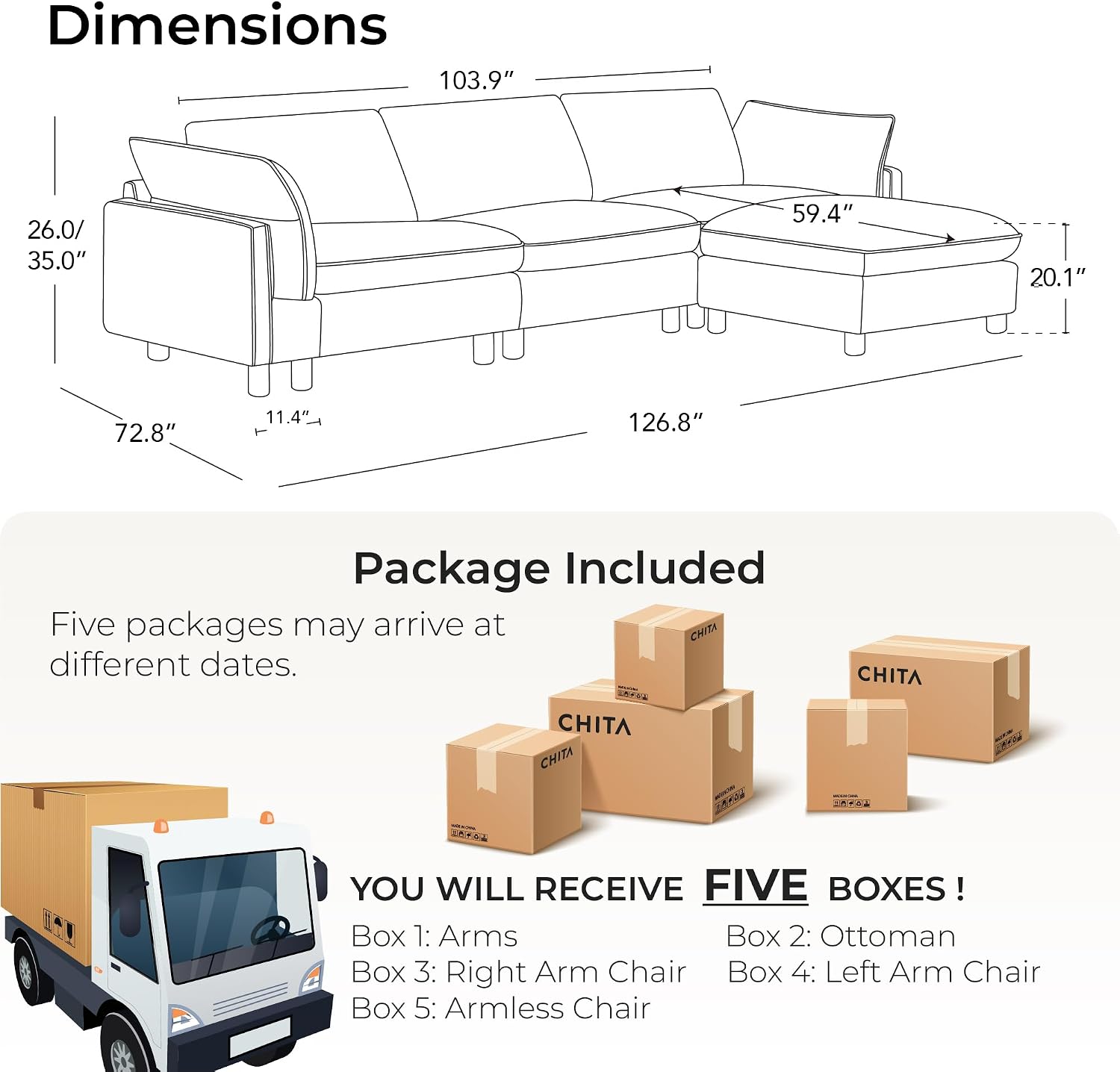 CHITA 127' Super Large Sectional Couches for Living Room, Modular Cloud Couch Sectional Sofa, Premium Fabric Couches, Down Filled, High Density Foam, Chenille in Cream, 4 Seat L Shaped