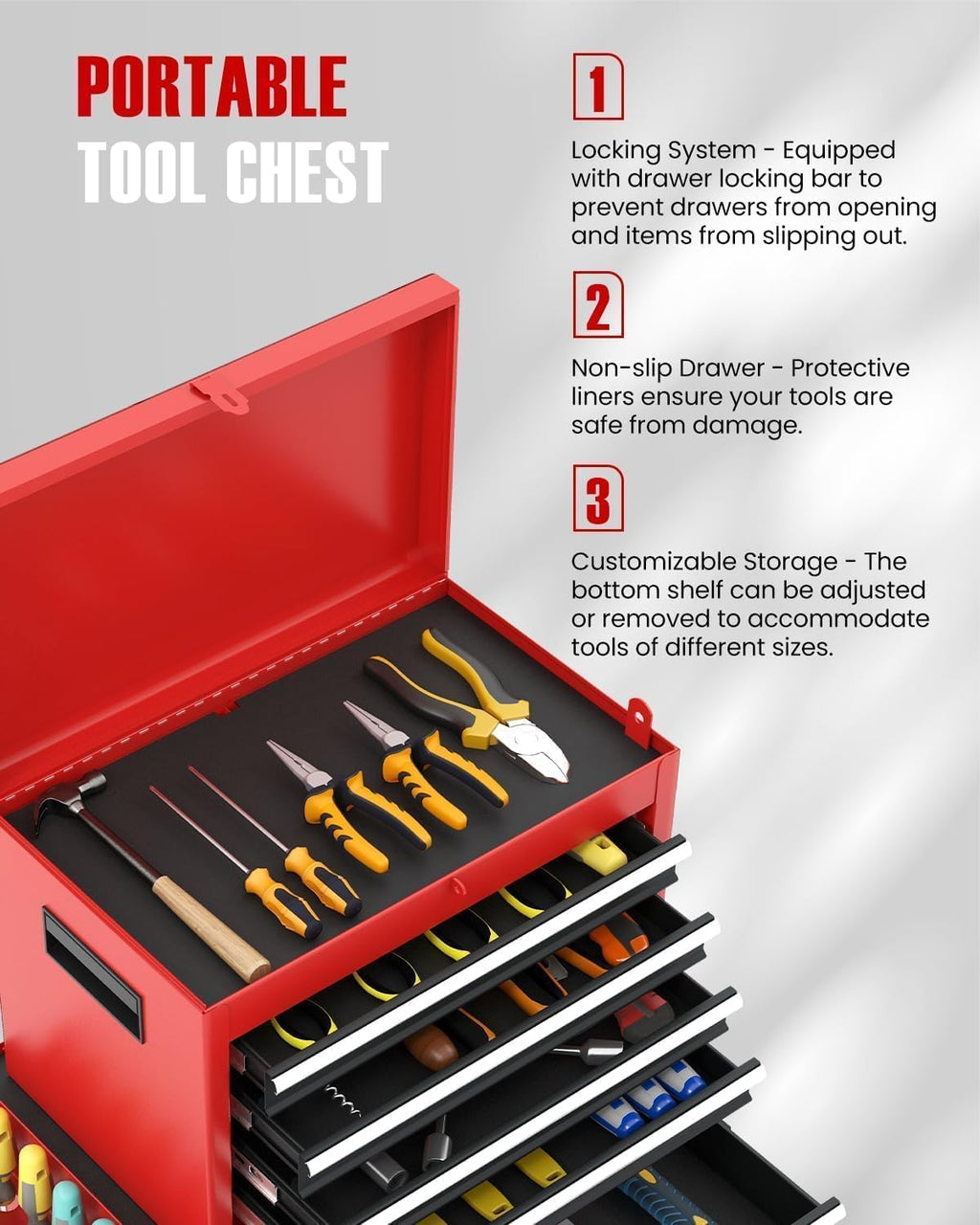 ARNOT 2-in-1 Rolling Tool Chest with 5 Drawers, Heavy-Duty Metal Tool Box with Wheels, Detachable Top Tool Box & Rolling Tool Cabinet for Garage, DIY, Mechanics, Red+Black