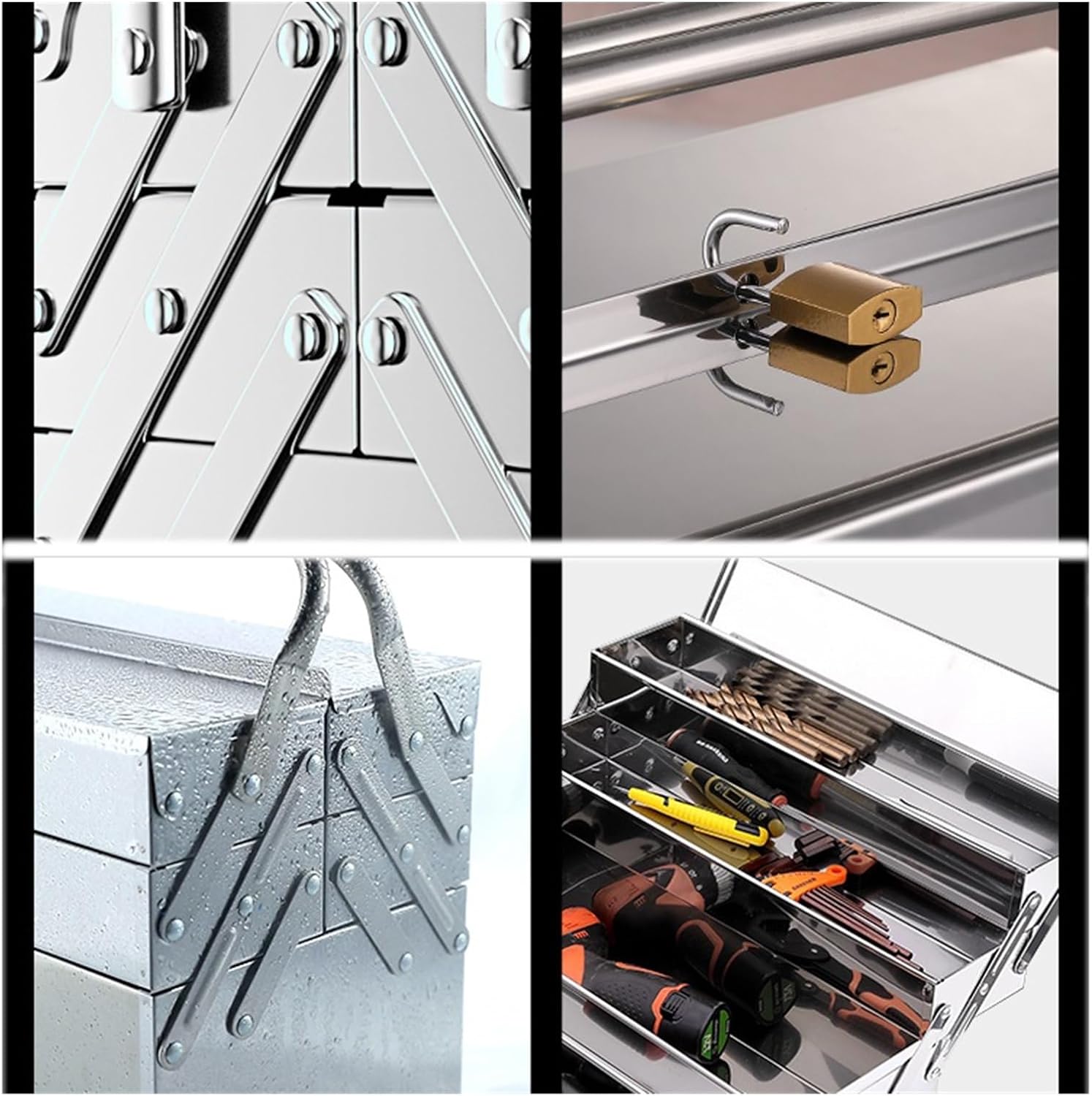 Toolbox Portable Stainless Steel Tool Box with 3 Level Fold Out Organizer Storage - Heavy Duty Metal Frame with Smooth Metal Cantilever latchets- Hand Carry Tool Box