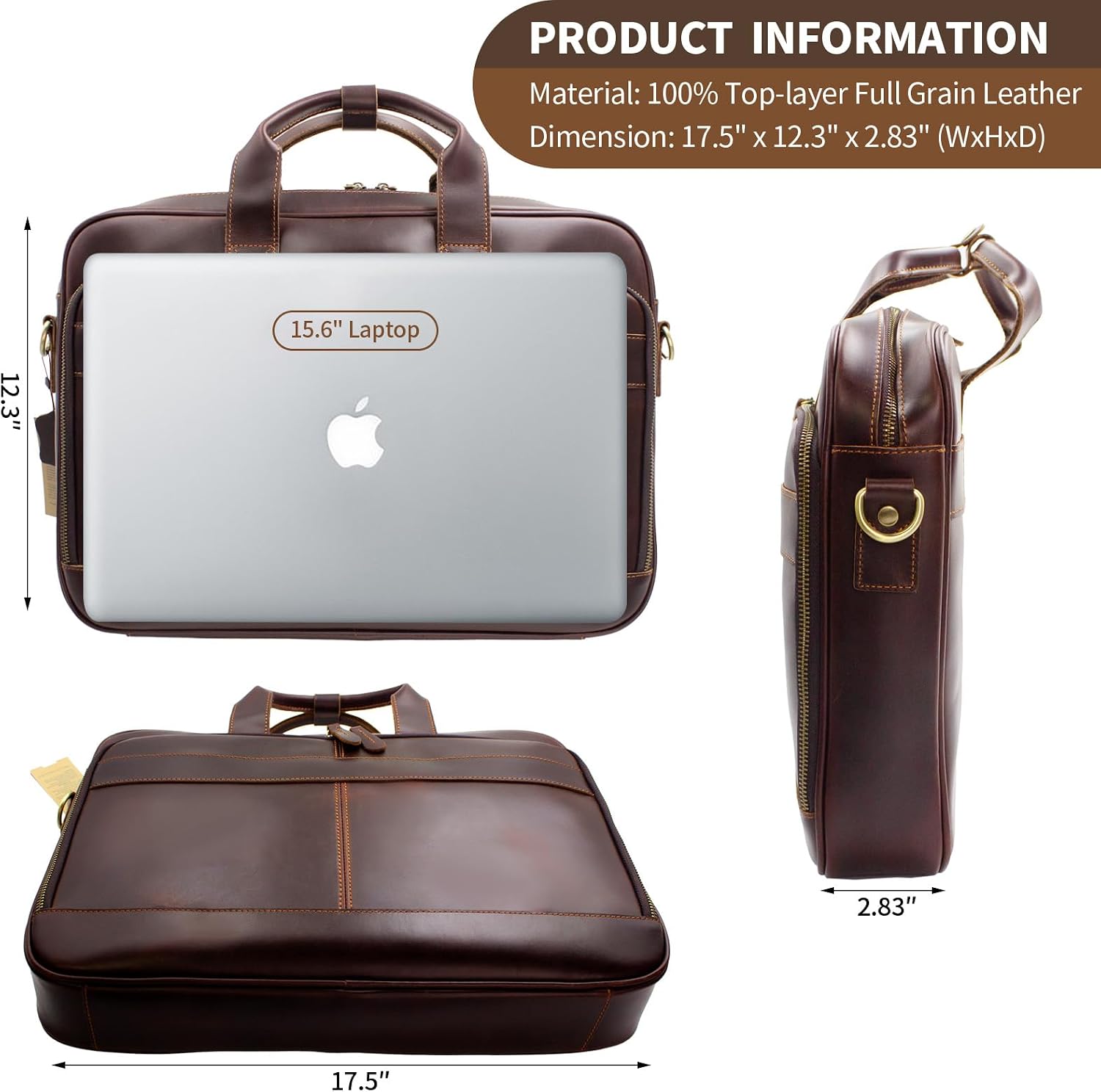 Jack&Chris Full Grain Leather Briefcase for Men, Business Messenger Bag Laptop Bag Attache Case, Fits 15.6 Inch Laptop