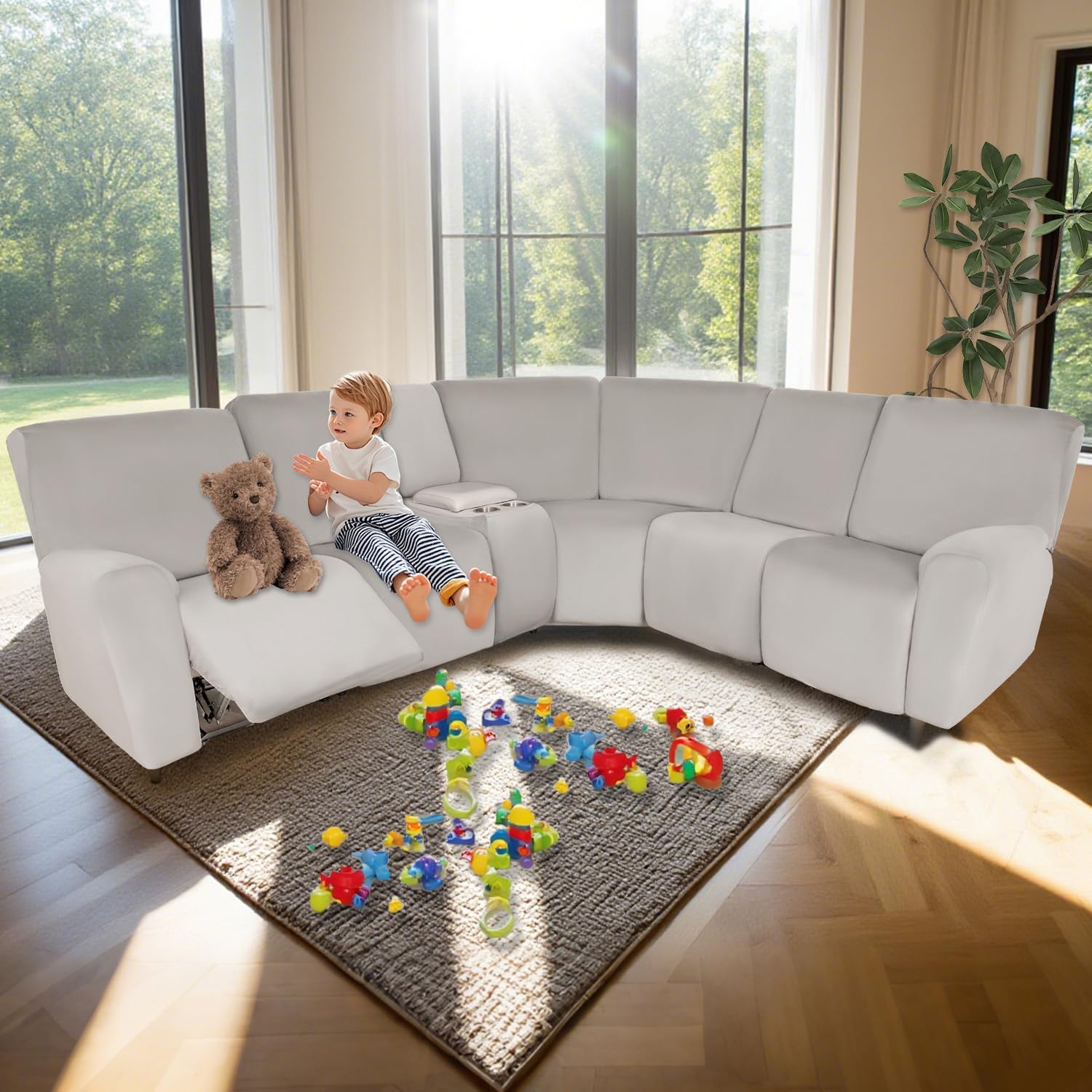 HDCAXKJ Reclining Sectional Couch Covers Velvet L Shaped Sectional Sofa Cover Washable Stretch Soft Corner Recliner Slipcover with Non-Slip Elastic Bottom (5 Seat and 2 Middle Console, Air Gray)