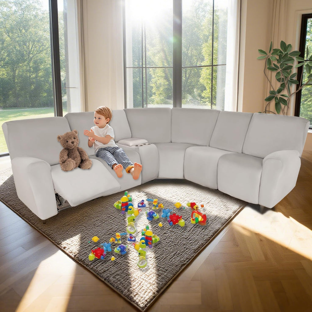 HDCAXKJ Reclining Sectional Couch Covers Velvet L Shaped Sectional Sofa Cover Washable Stretch Soft Corner Recliner Slipcover with Non-Slip Elastic Bottom (5 Seat Recliner Couch, Air Gray)