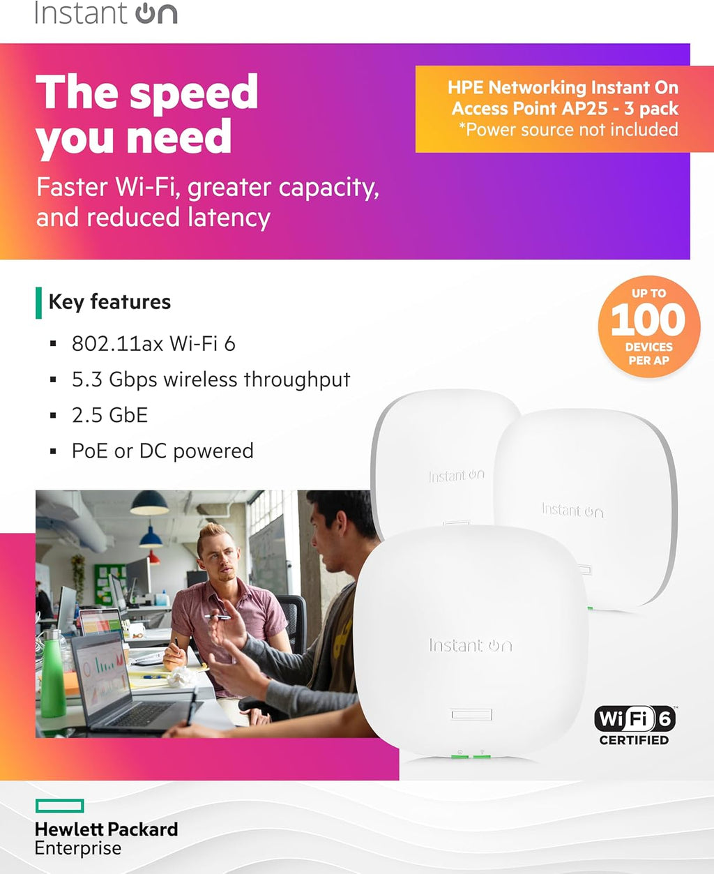 HPE Networking Instant On Access Point AP25 4x4 WiFi 6 Indoor Wireless Access Point (3 Pack) | Power Source Not Included | US Model (R9B27A-3PACK)