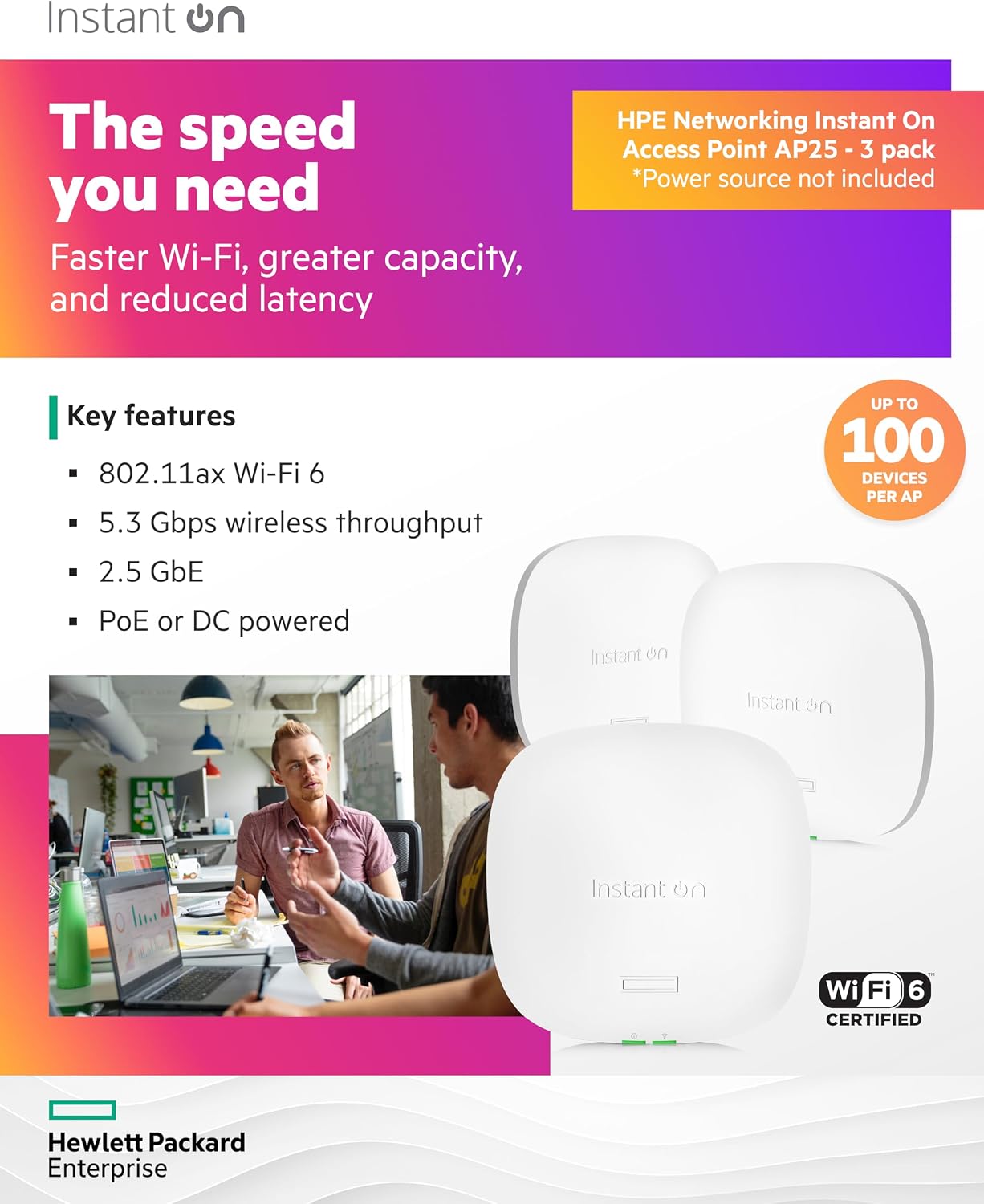 HPE Networking Instant On Access Point AP25 4x4 WiFi 6 Indoor Wireless Access Point (3 Pack) | Power Source Not Included | US Model (R9B27A-3PACK)