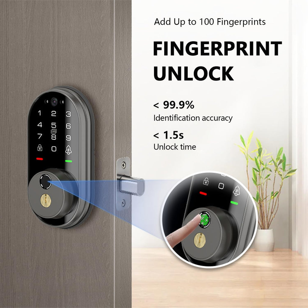 Smart Lock with Camera, Fingerprint Keyless Entry Deadbolt Lock, Built-in WiFi, Video Doorbell, Touchscreen Keypad, 2-Way Audio, Tuya APP, Waterproof, 8 AA Batteries, for Front Door