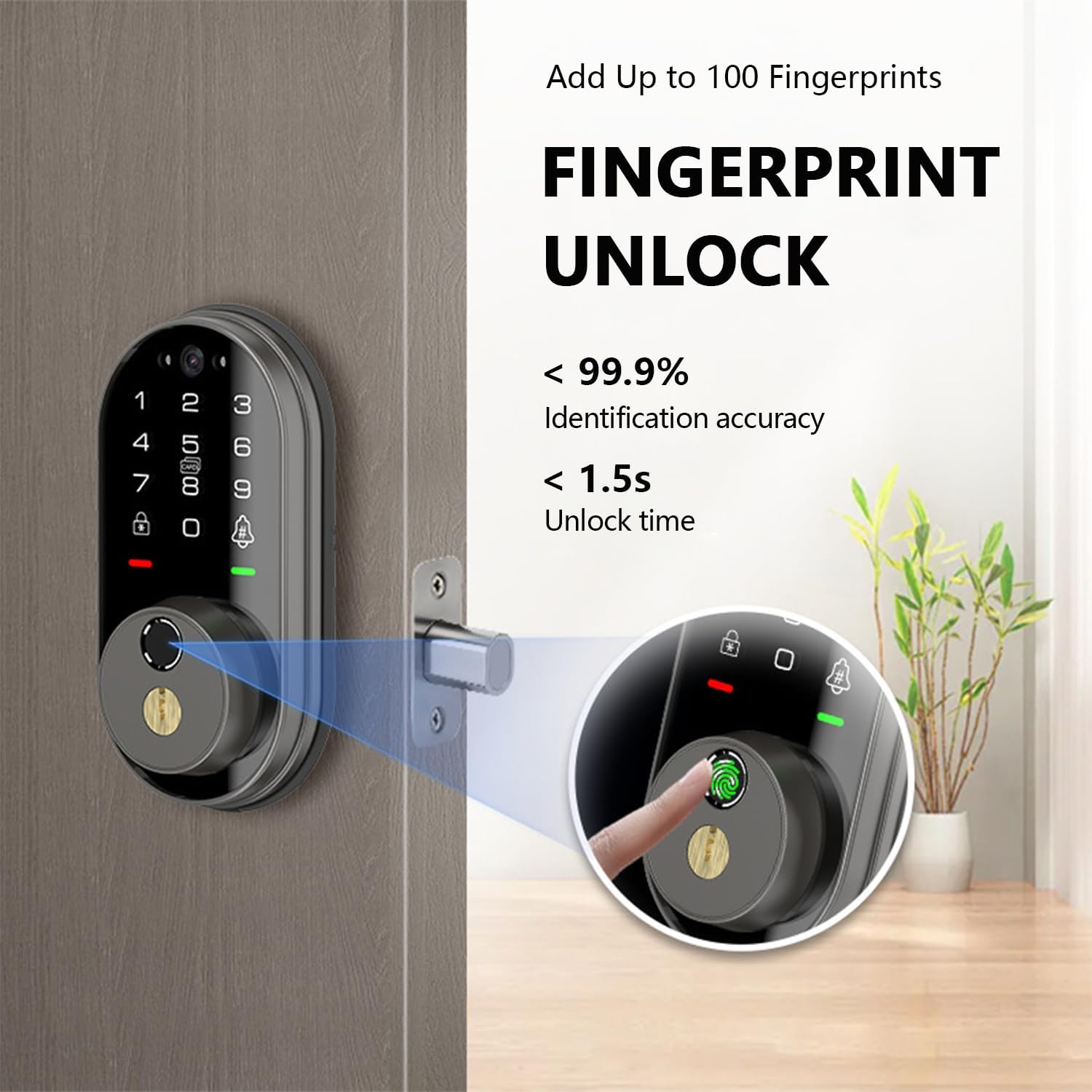 Smart Lock with Camera, Fingerprint Keyless Entry Deadbolt Lock, Built-in WiFi, Video Doorbell, Touchscreen Keypad, 2-Way Audio, Tuya APP, Waterproof, 8 AA Batteries, for Front Door