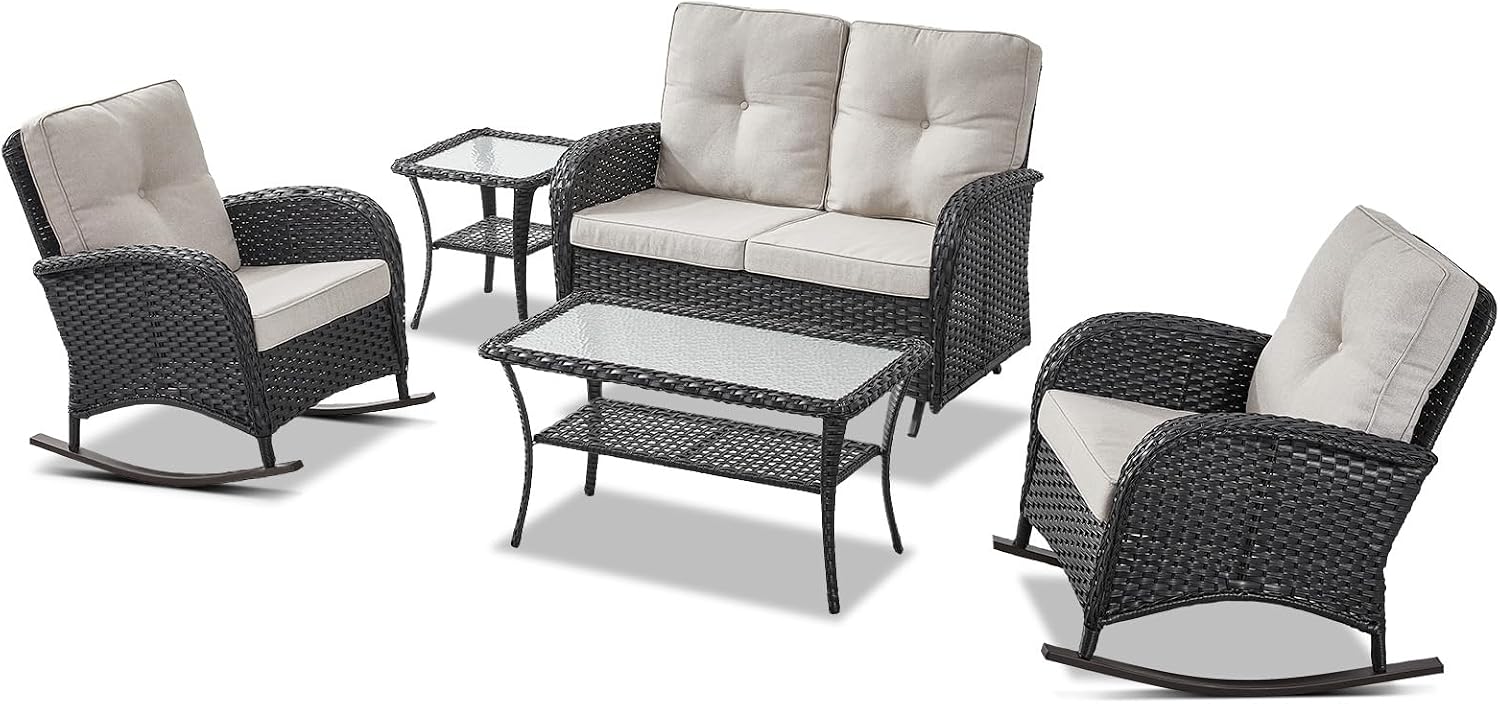 Belord 5 Piece Outdoor Conversation Patio Furniture Set - All-Weather Wicker Patio Rocking Chairs with Loveseat Glider Chair and Coffee Table for Patio Deck Porch Backyard Black Wicker
