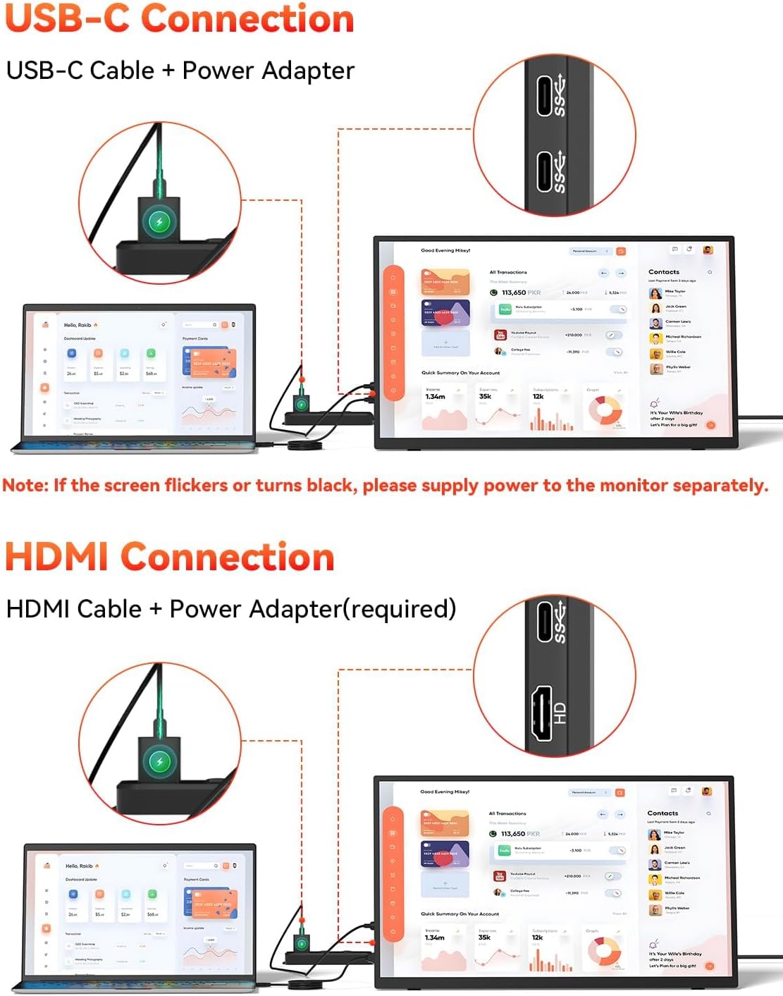 HotYeah 23.8' 100Hz Portable Monitor, 1080P FHD 100% sRGB IPS USB-C HDMI Large External Monitor, Home Gaming 2nd Screen w/180° Adjustable Kickstand for MacBook, Laptop, PC, Phone, Tablet, Switch, PS5
