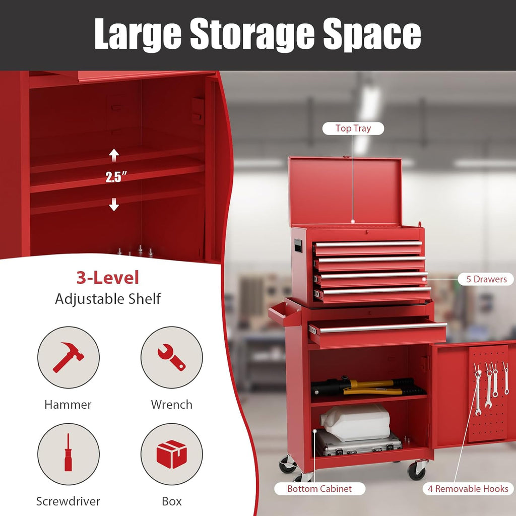 IRONMAX Rolling Tool Chest, 5-Drawer Lockable Tool Cabinet w/Adjustable Shelf & 4 Universal Wheels, 2 in 1 Detachable Tool Box Storage Organizer for Garage Workshop Repair Shop, Red