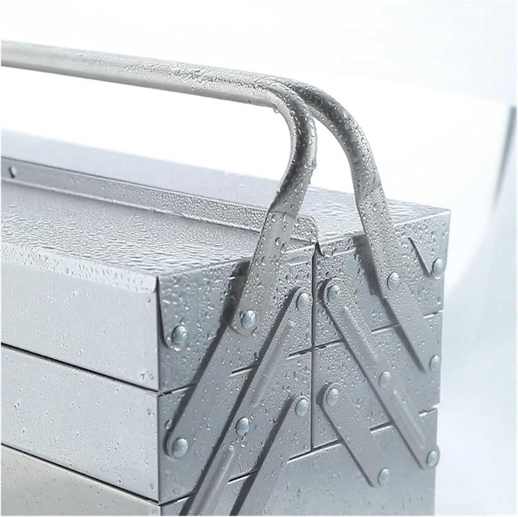 Toolbox Portable Stainless Steel Tool Box with 3 Level Fold Out Organizer Storage - Heavy Duty Metal Frame with Smooth Metal Cantilever latchets- Hand Carry Tool Box