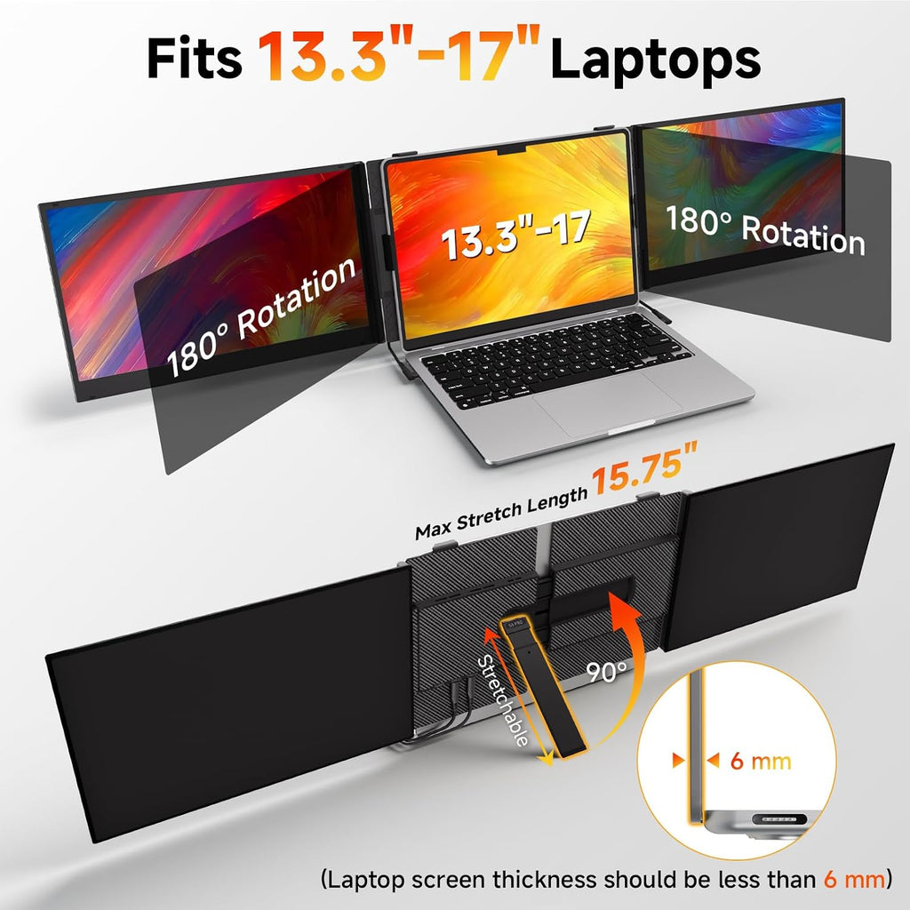 BOSII Laptop Screen Extender Monitor - Triple 14' Ultra Thin IPS FHD 1080P Portable Monitors for 13.3'-17' Laptops Compatible with Windows Mac Travel Work