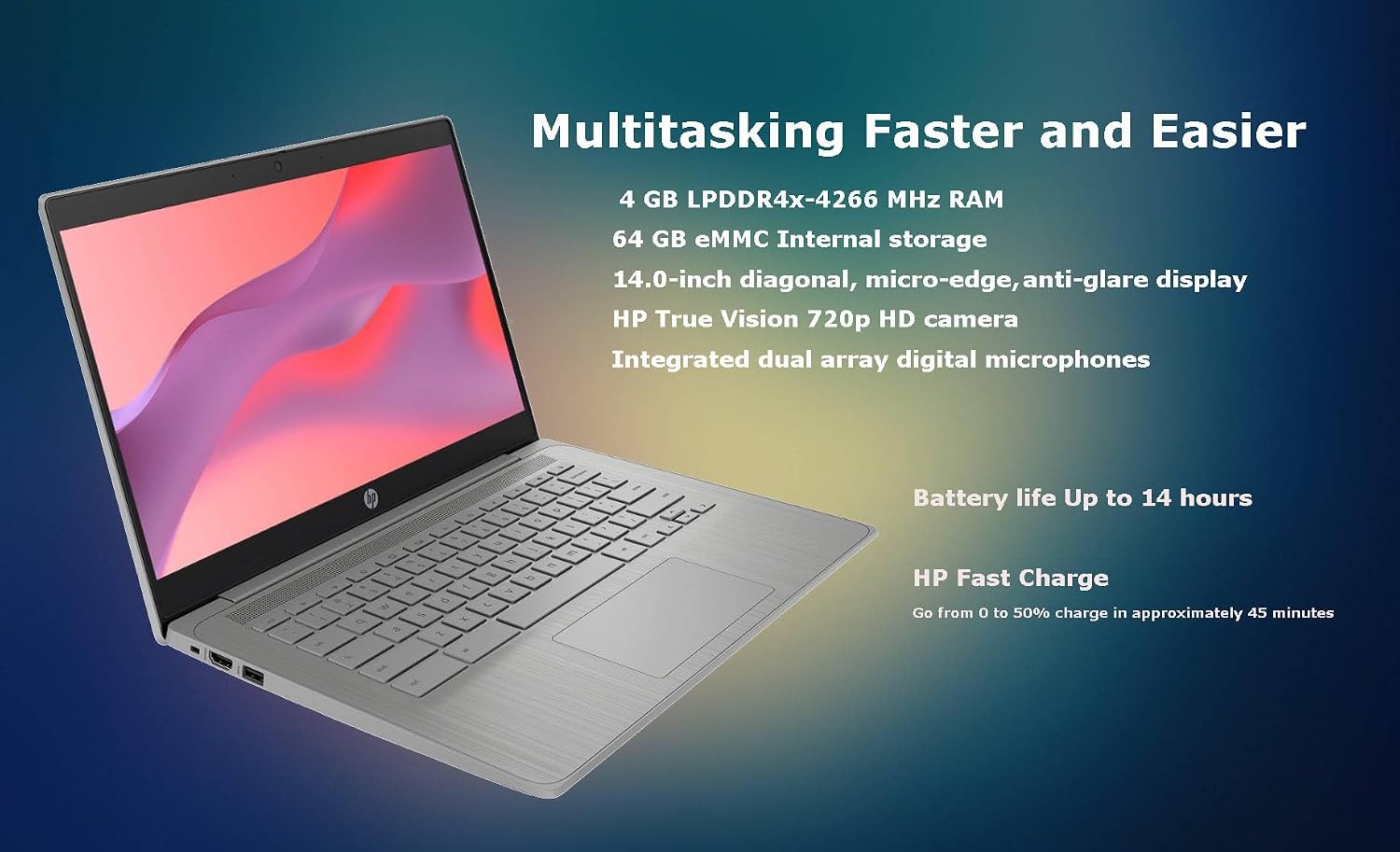 HP Essential Chromebook Laptop, 14 Inch HD Display, Intel Celeron N4120, 4GB RAM, 64GB eMMC, WiFi, Bluetooth, Chrome OS, Modern Gray (Renewed)