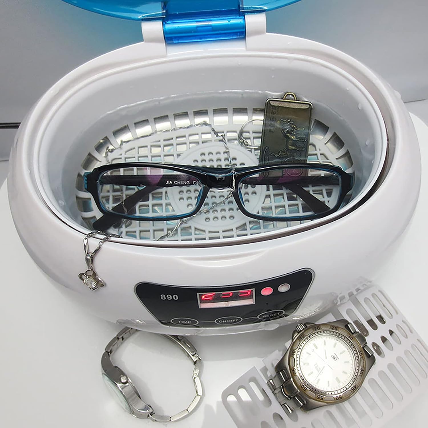 Small Household Ultrasonic Washing Machine, Digital Ultrasonic Cleaner for Jewelry Glasses Watches Ultrasound Machine Cleaning Device 40Khz 600Ml,Gray
