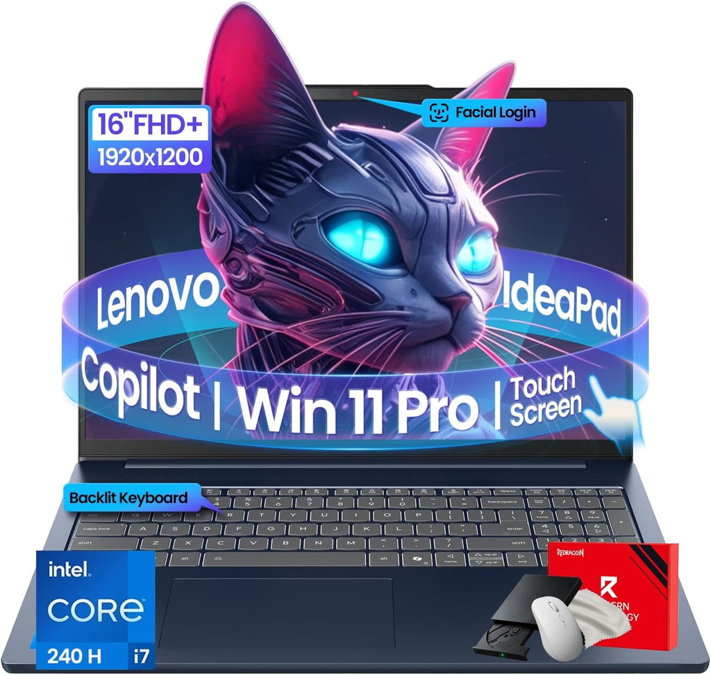 Lenovo IdeaPad Copilot+ Business Laptop - 16' FHD+ Touchscreen - Intel 10-Core 7 240H(Beat Ultra 7 255U) - Facial Login IR Cam - Backlit KB - Win 11 Pro - Redrgon Bundle (64GB DDR5 | 2TB SSD)