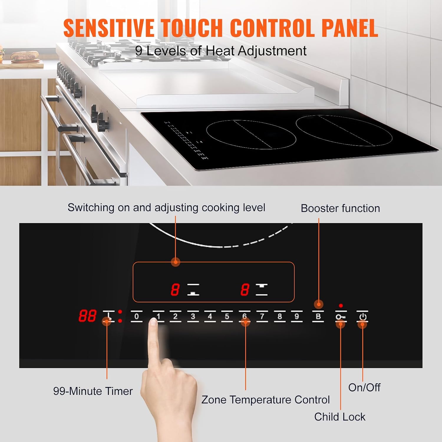 Happybuy 12' Electric Cooktop, 2 Burners, 3000W Induction Stove Top, Built-in Magnetic Cooktop, 9 Heat Levels, LED Touch Screen with Child Lock & Over-Temperature Protection