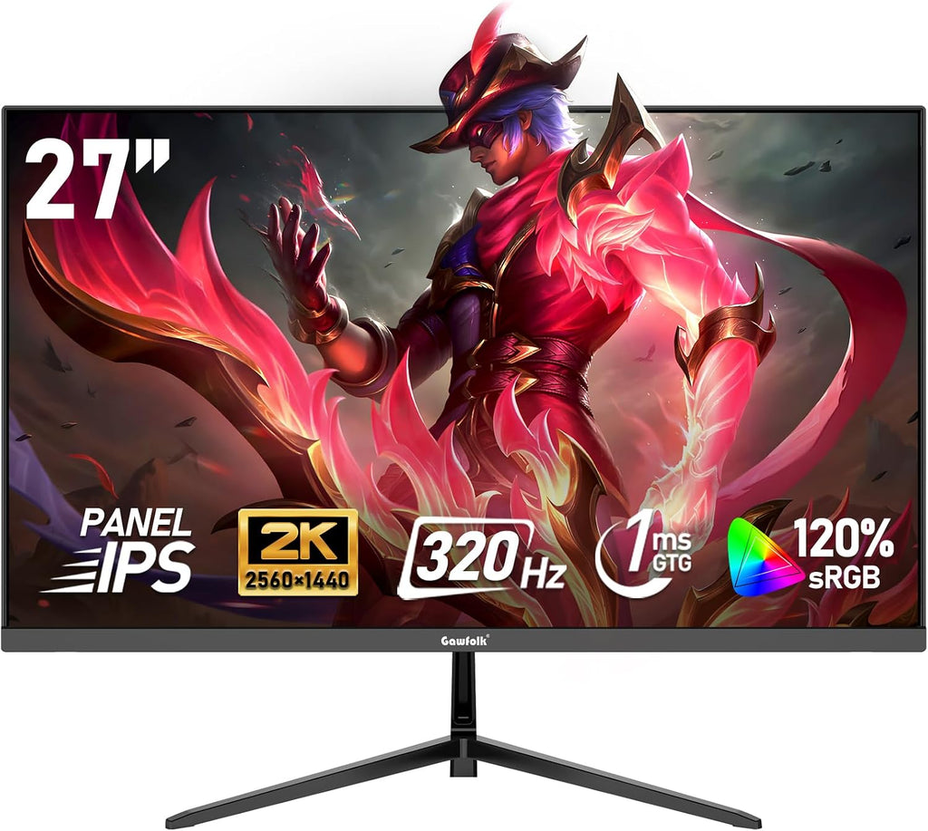 Gawfolk 27 inch IPS 2K QHD(2560×1440) PC Screen,320Hz Gaming Computer Monitor, 1ms Without Bezel, FreeSync,120% sRGB, HDMI2.0、DisplayPort, 75 * 75MM Wall Mount Compatible - Black