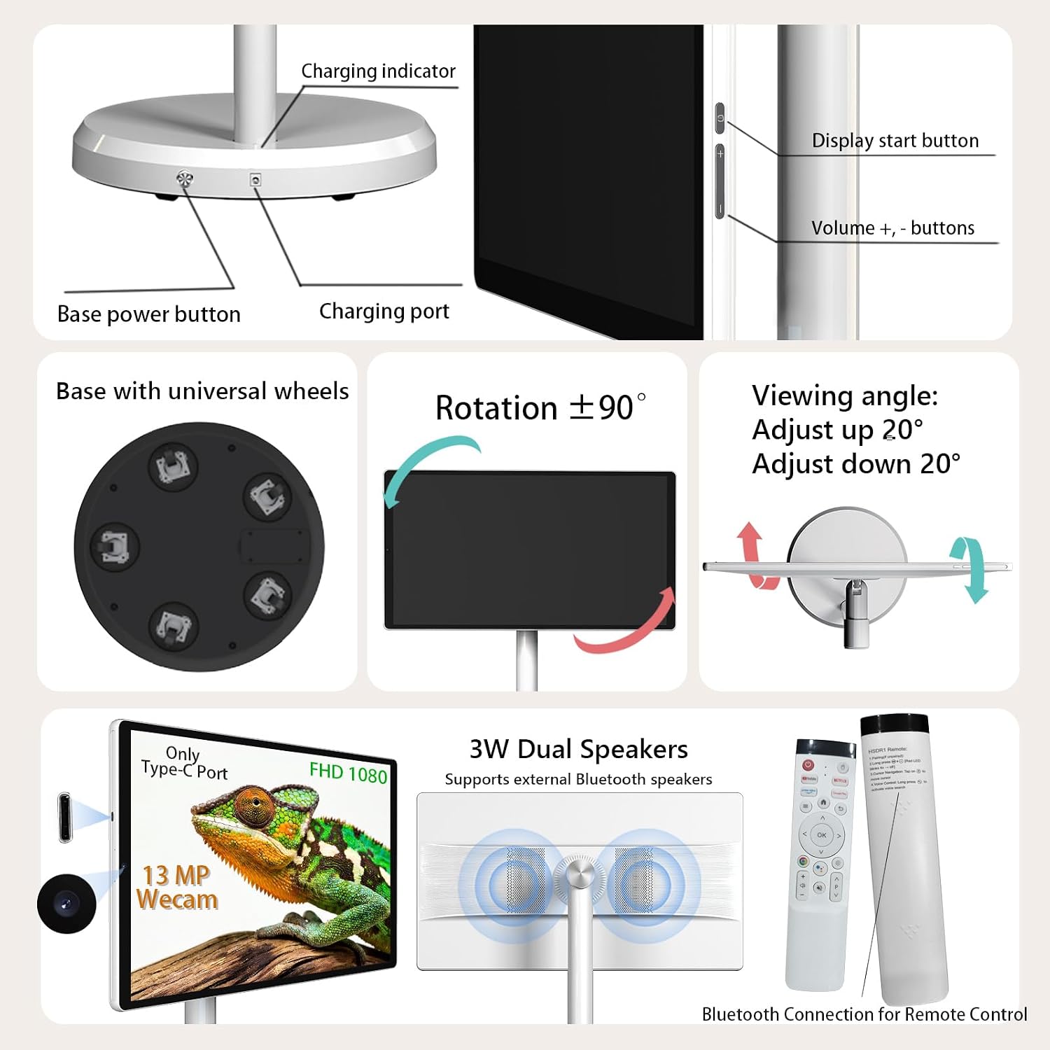 OFD 21.5 Inch 2nd Gen Portable TV on Wheels 1080P,100%sRGB,6+128GB Storage,Android 15 OS Touchscreen RollingTV with 13MP Webcam,Remote Control,Wireless Projection,6000 mAh Battery,EDLA-Certified,White
