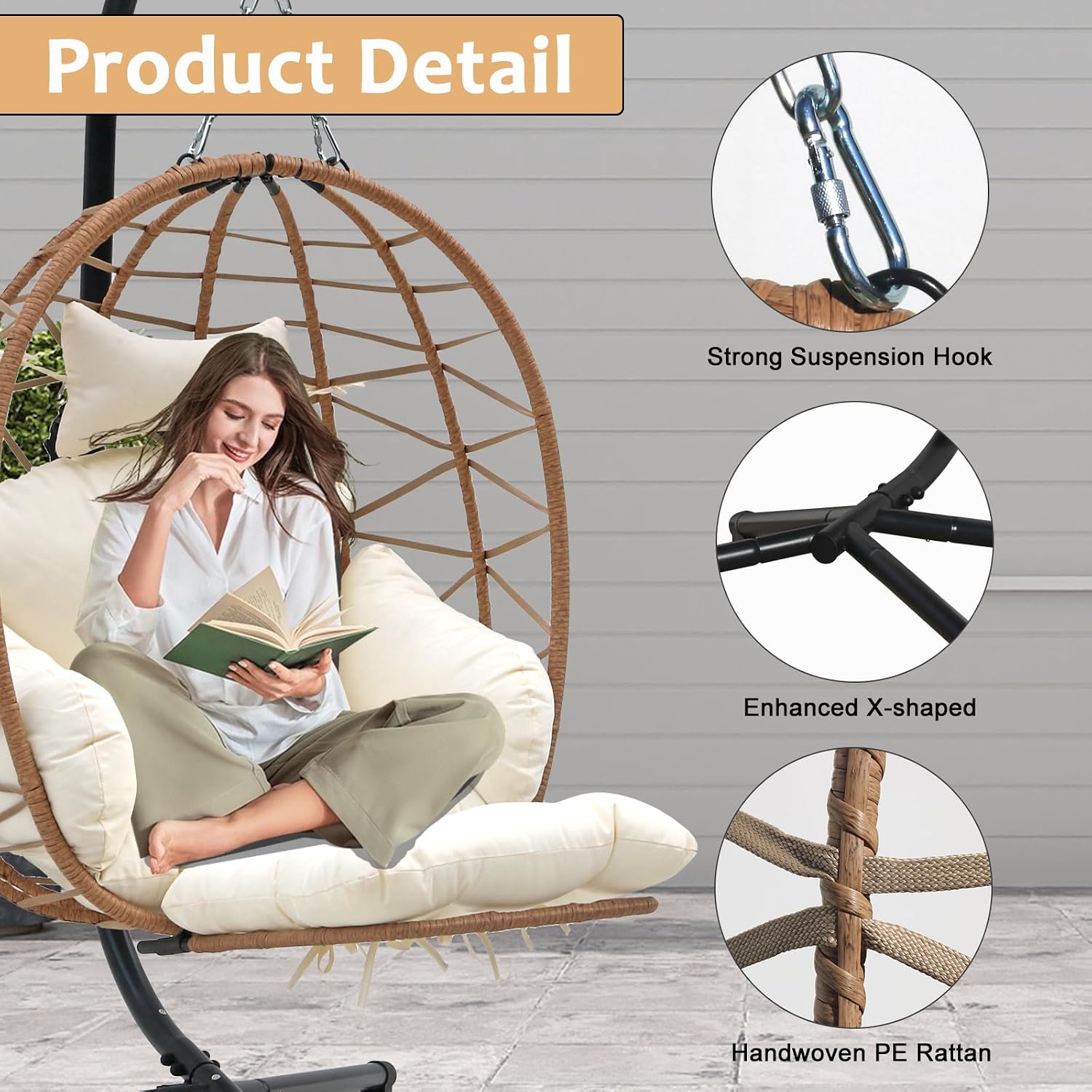 Outdoor Egg Chair with Sturdy Tripod Hammock Leg Rest and Hanging Lounge Chair Swinging Rattan Wicker Swing for Cozy Bedroom Balcony Garden Patio Porch Indoor Use