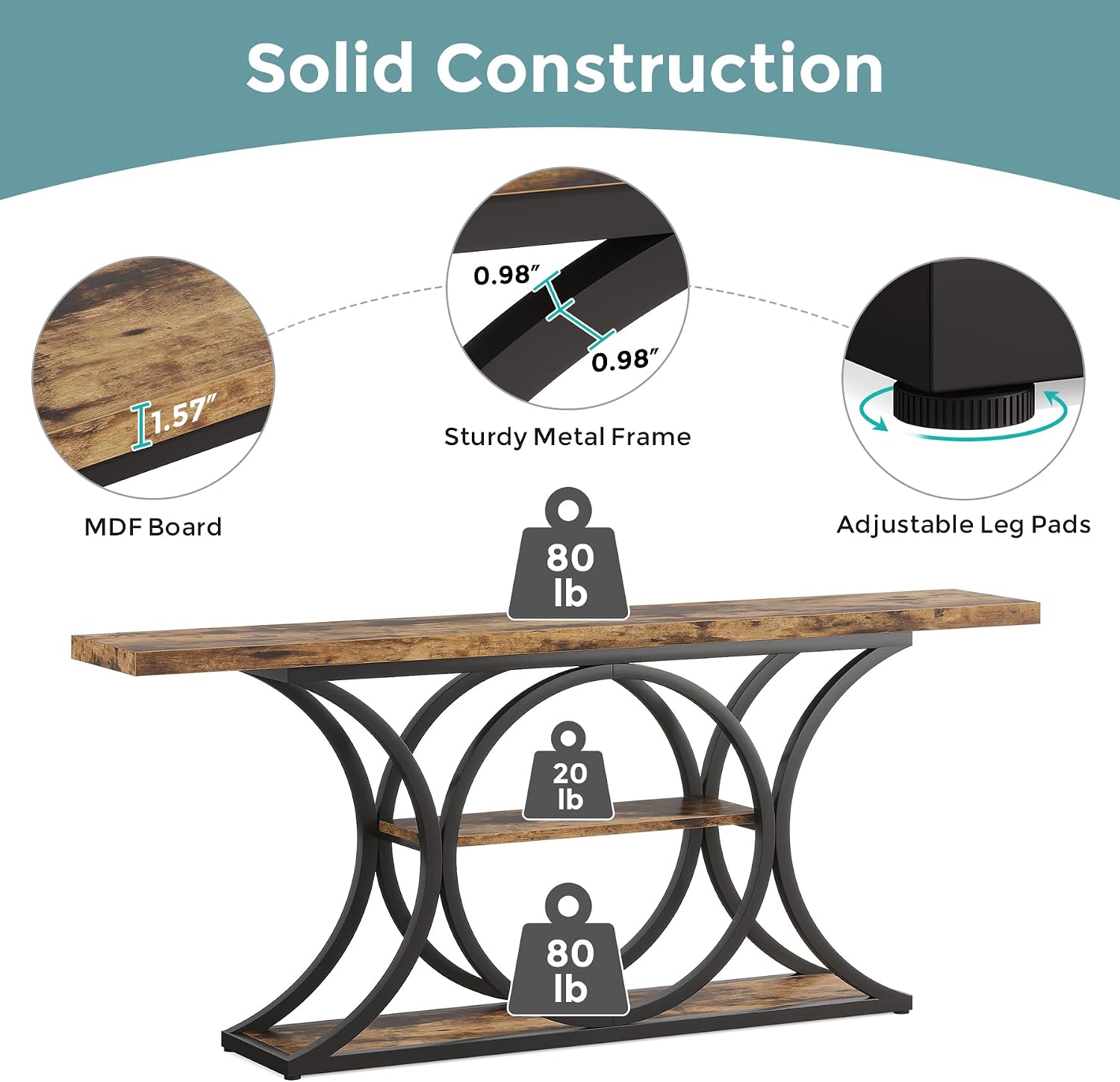63 inch Extra Long Sofa Table, Rustic Industrial Entry Console Table, Behind Couch Table with Black Metal Frame, 3 Tier Storage Shelves for Hallway, Entryway & Living Room, Brown & Black