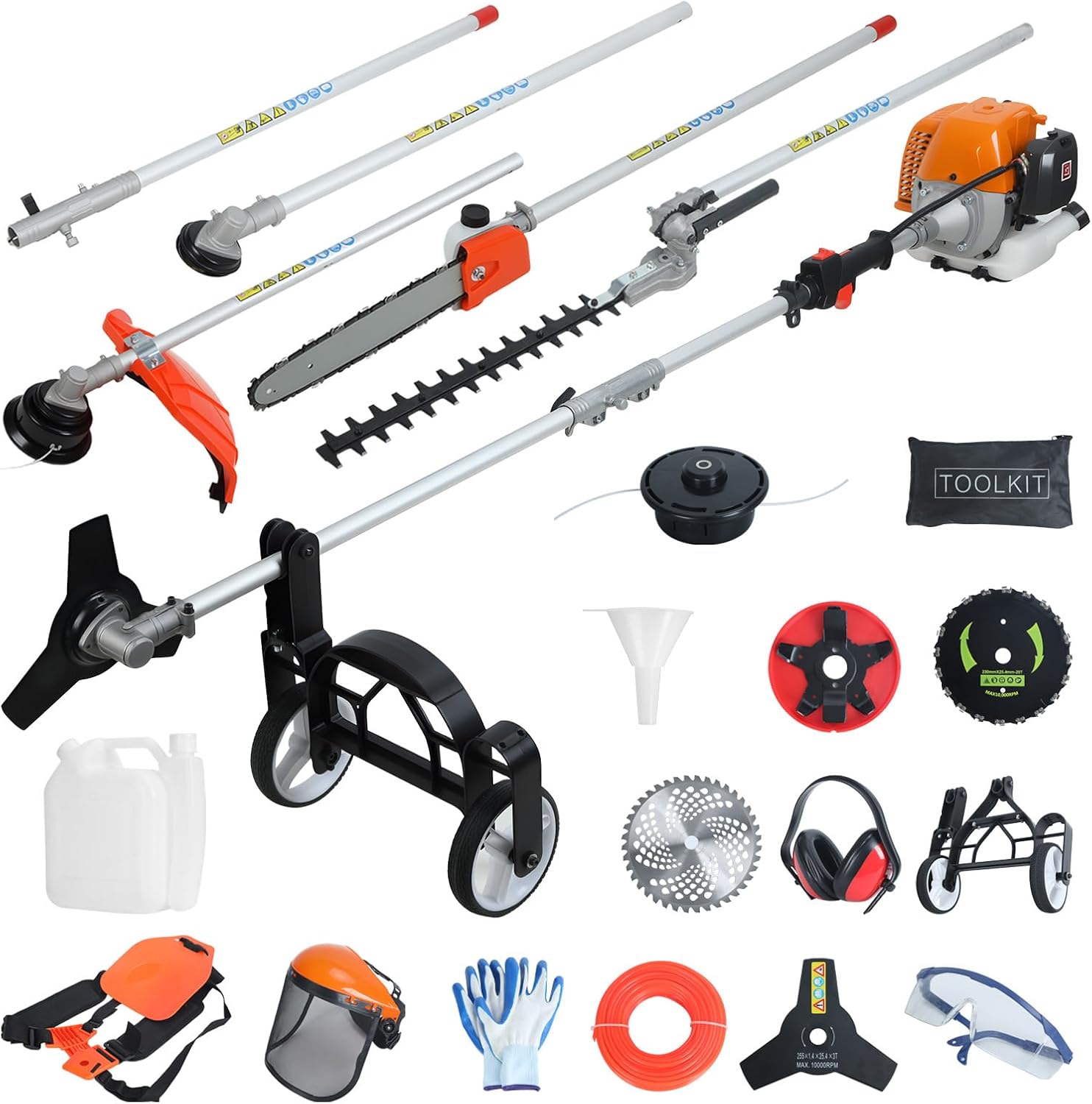 8-in-1 Weed Eater Gas Powered - 52CC 2-Stroke Multi-Functional Trimming Tool Set, String Trimmer, Hedge Trimmer, Edger, Brush Cutter, Pole Chainsaw Pruner with Extension Pole for Yard, Garden