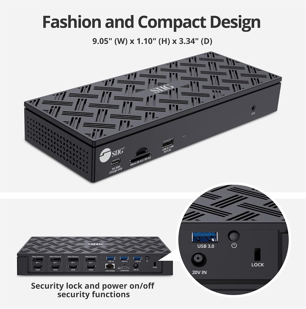 SIIG USB-C Quad 4K 60Hz Docking Station with 100W PD - Quad 4K@60Hz Monitor Laptop Dock - DisplayLink - 4 HDMI 4 DisplayPort, 4X USB-A, 2X USB-C, Thunderbolt 3 Compatible, 2.5 Gigabit Ethernet