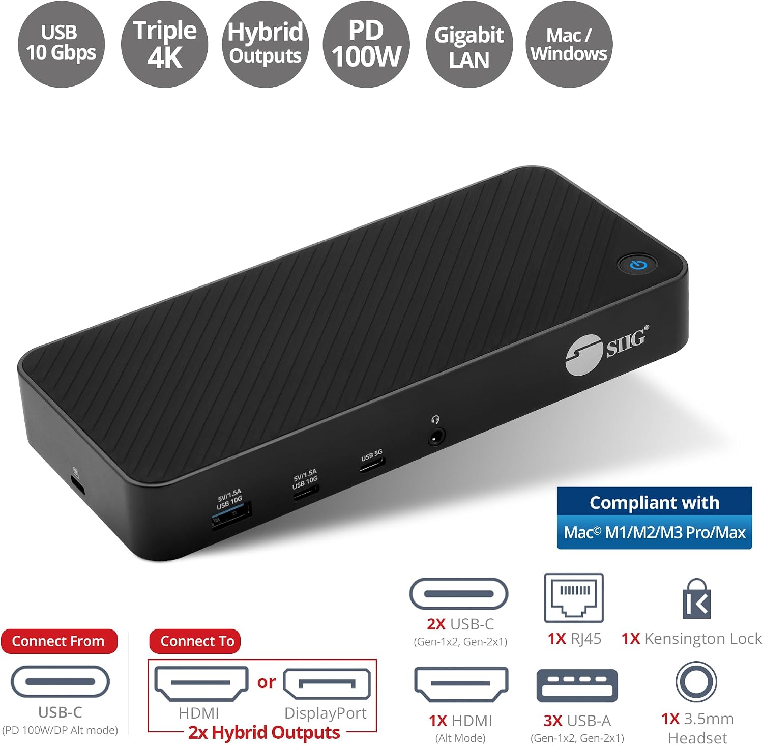 SIIG USB-C Triple 4K 60Hz Docking Station with 100W PD - Triple 4K@60Hz or Single 5K@60Hz Monitor Laptop Dock - DisplayLink - 3X HDMI, 2X DisplayPort, 3X USB-A, 2X USB-C, Gigabit Ethernet