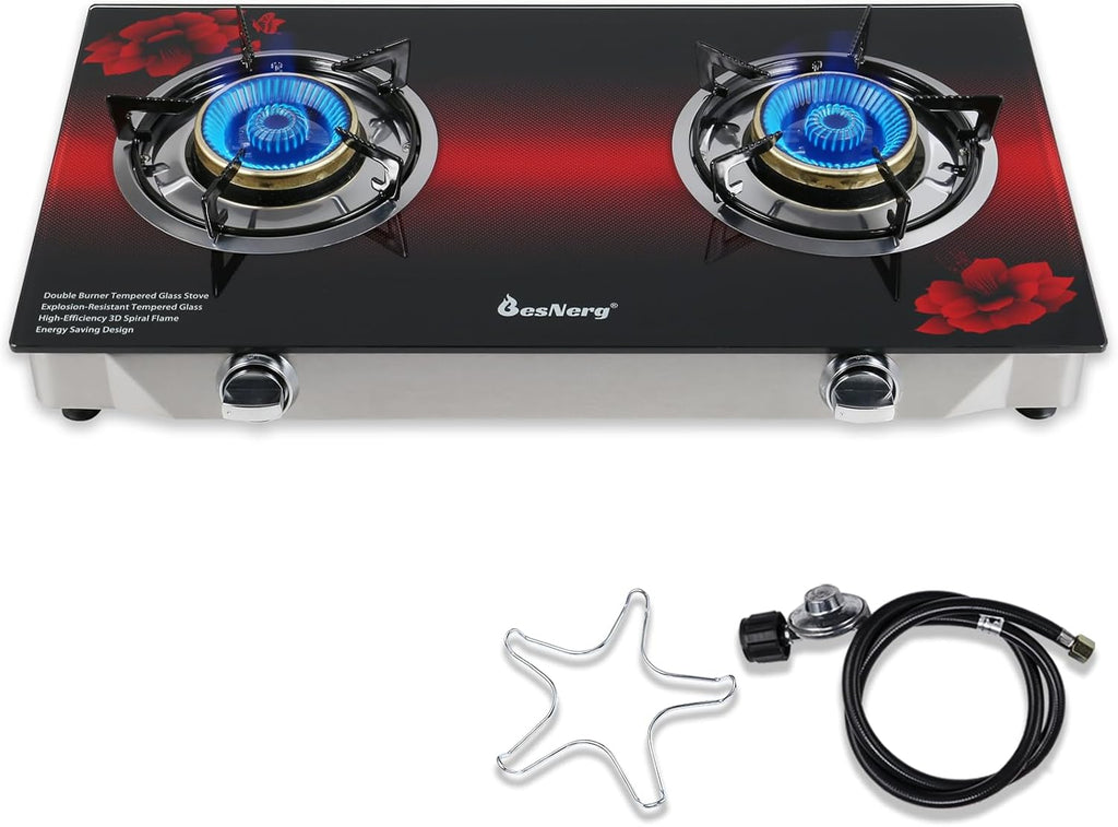 2 Burner Propane Gas Stove with Auto Ignition, 29000 BTU High-Efficiency Heavy-Duty Tempered Glass Cooktop, CSA Regulator & Hose Included, for Outdoor Camping Emergency