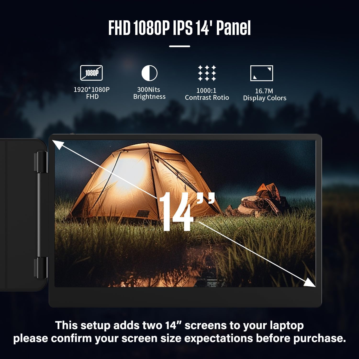ALLVIA Laptop Screen Extender 14' 1080P FHD IPS, Portable Monitor for Laptop 13-17', Triple Monitor Extended for laptops with Dual Speakers, Plug-Play with Type-C/HDMI/USB-A for Wins/Mac/Chrome