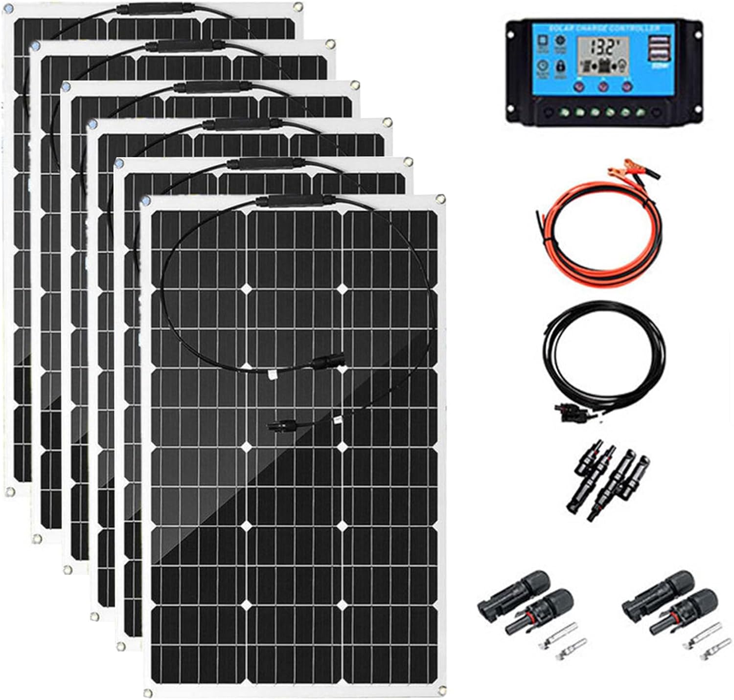 300 Watt 12 Volt Flexible Monocrystalline Solar Panel High Efficiency PV Module with 40A Charge Controller Extension Cable for RV Trailer Marine Rooftop Home Farm Off-Grid System 6 * 300W
