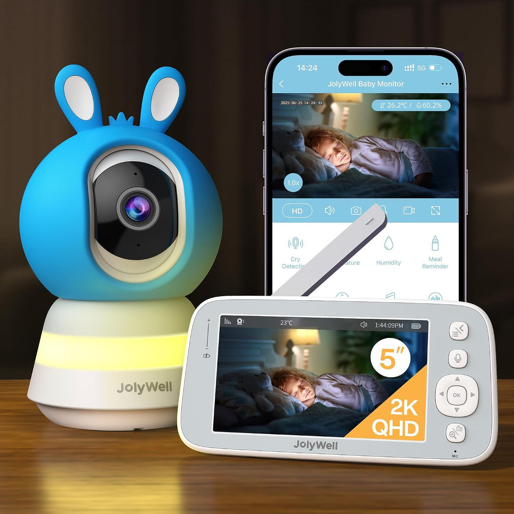 2K Baby Monitor with Camera and Audio, 5' Display Wifi Baby Monitor with App Control, Motion & Cry Detection, Night Vision, VOX, Real-Time Record, Temper Sensor, 2-Way Talk, RGB Night Light, Lullabies