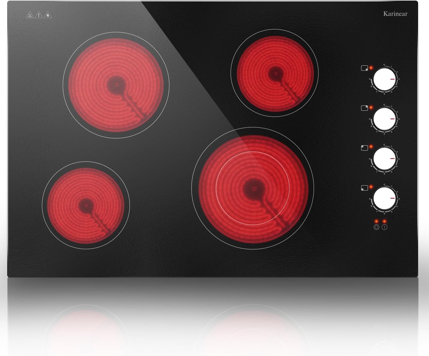 Karinear Electric Cooktop 30 Inch, 4 Burners Electric Stove Top, 30' Knob Control Built-in Radiant Ceramic Cooktop, 6700W, 220~240V Hard Wire(White Knob)