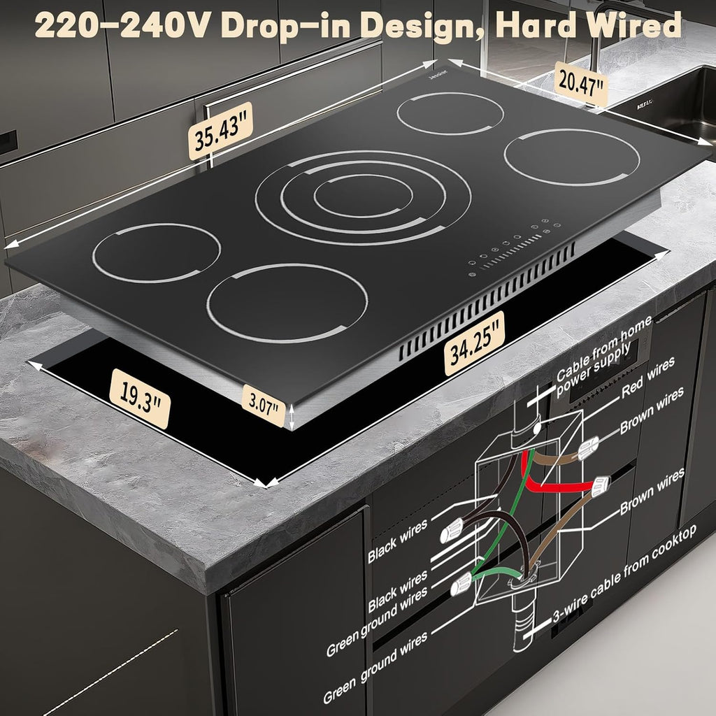 Electric Cooktop 36 Inch - 9200W High Power 5 Burners Electric Stovetop, Built-in 36 Inches Ceramic Burner Knob and Touch, Timer, Safety Lock, Expandable Ring, 220-240V Hard Wired (No Plug)