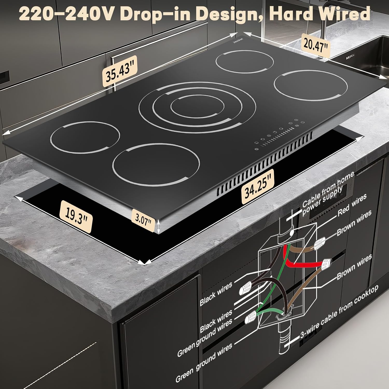 Electric Cooktop 36 Inch - 9200W High Power 5 Burners Electric Stovetop, Built-in 36 Inches Ceramic Burner Knob and Touch, Timer, Safety Lock, Expandable Ring, 220-240V Hard Wired (No Plug)