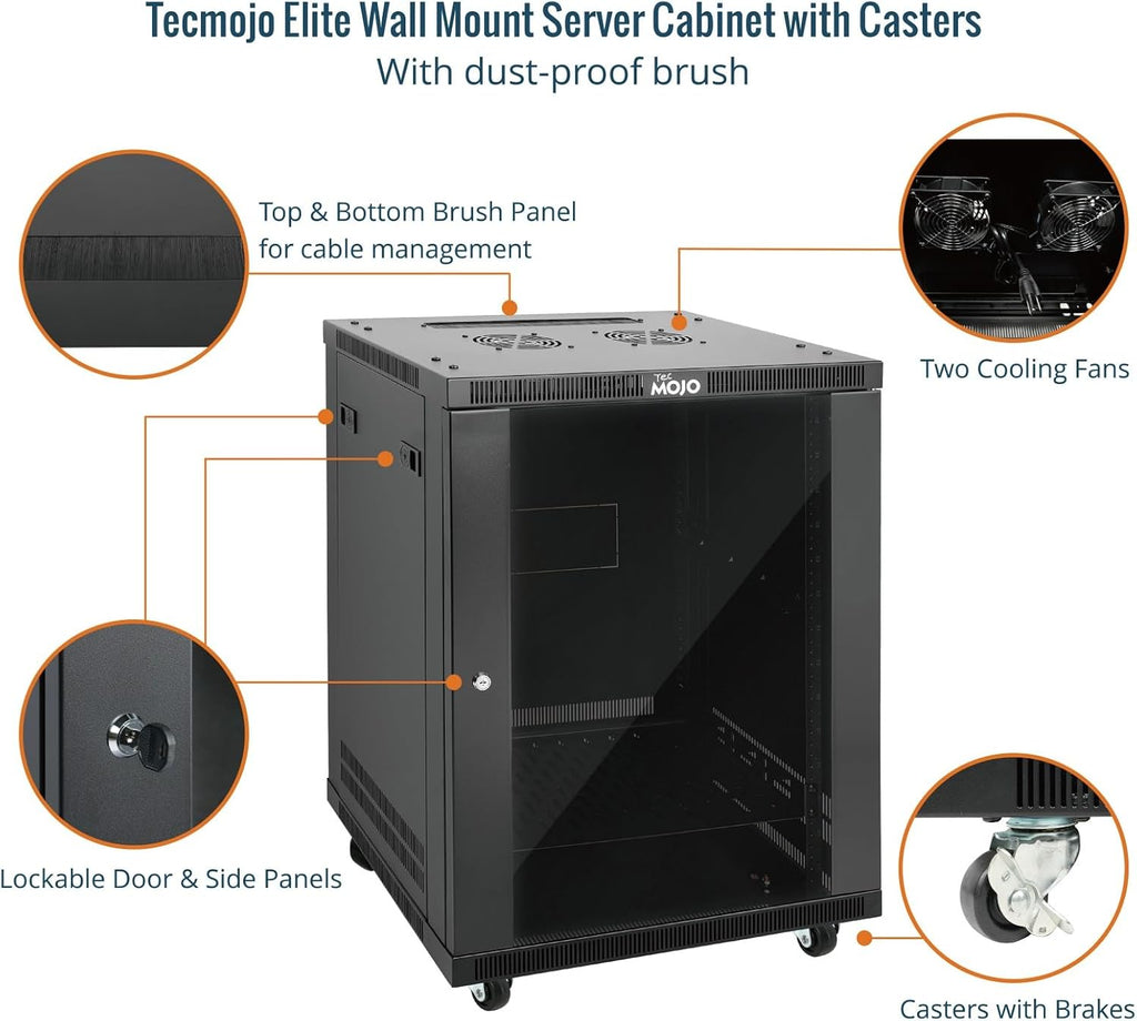 Tecmojo 15U Wall Mount Rack,15U Rack 17.7 Inch Depth,Hold Up to 176 Lbs,Enclosed Wall Mount Rack Kit for 19 Inch Network,Server and AV Gear,Glass Door(Elite Collection)