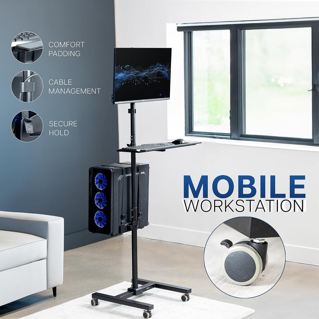 VIVO Mobile Computer Cart with Monitor Mount for up to 32' Screens, Rolling PC Desk Workstation, Full Keyboard Tray, Adjustable CPU Holder, Black, CART-PC02T