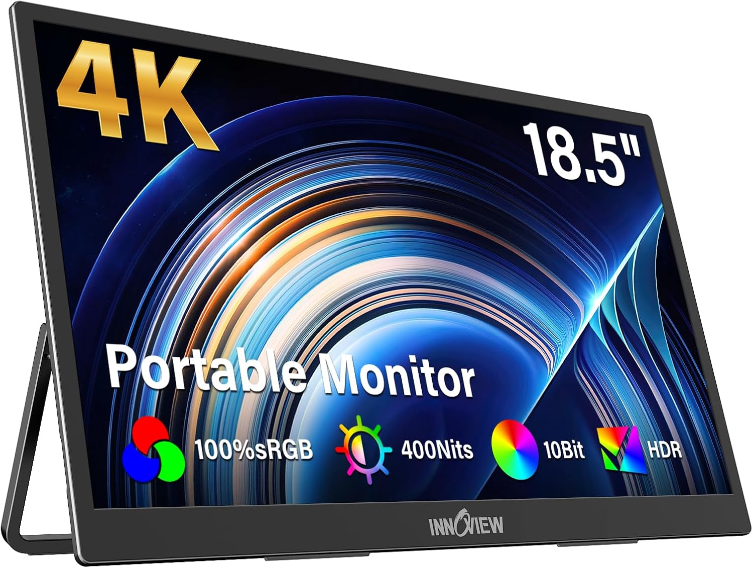 InnoView 4K Portable Monitor 18.5' 3840x2160 UHD USB-C HDMI for Laptop, 400 nits IPS Computer Gaming Display HDR Travel Monitor with W/180°Adjustable Stand for Desktop Mac Phones Tablet PS5/4 Switch