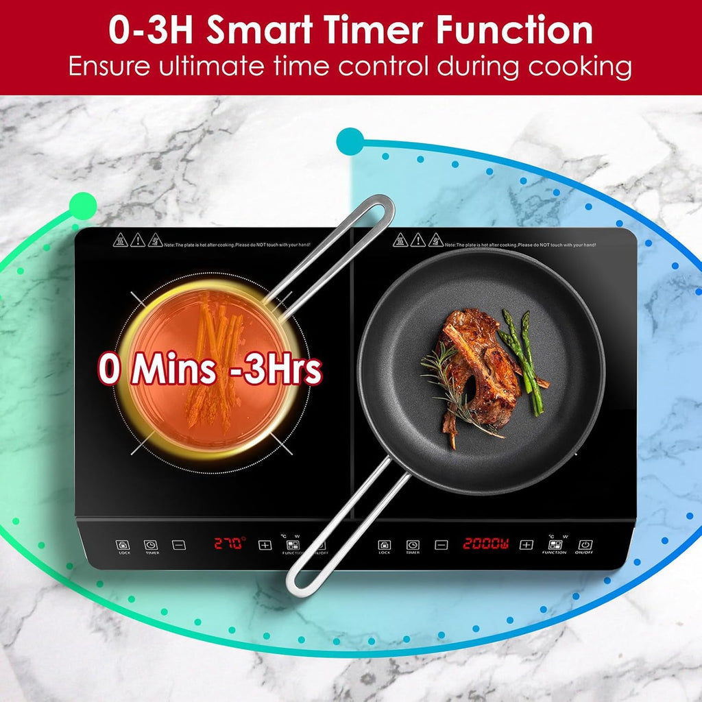 Double Induction Cooktop, 4000W Hot Plate Electric Stove for Countertop Portable 2 Burner Induction Cooktop with 9 Levels Settings, Child Safety Lock & Timer