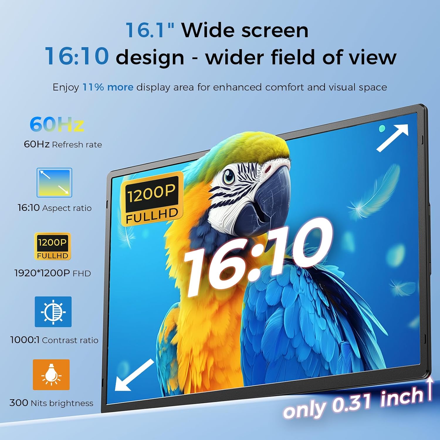 Laptop Screen Extender 16.1', 1200P FHD, Portable Monitor 360° Rotating Detachable Stand, Height Adjustable Monitor Extender for Laptop 13-17.5', Plug-Play for Tablet, PC, Phone, etc