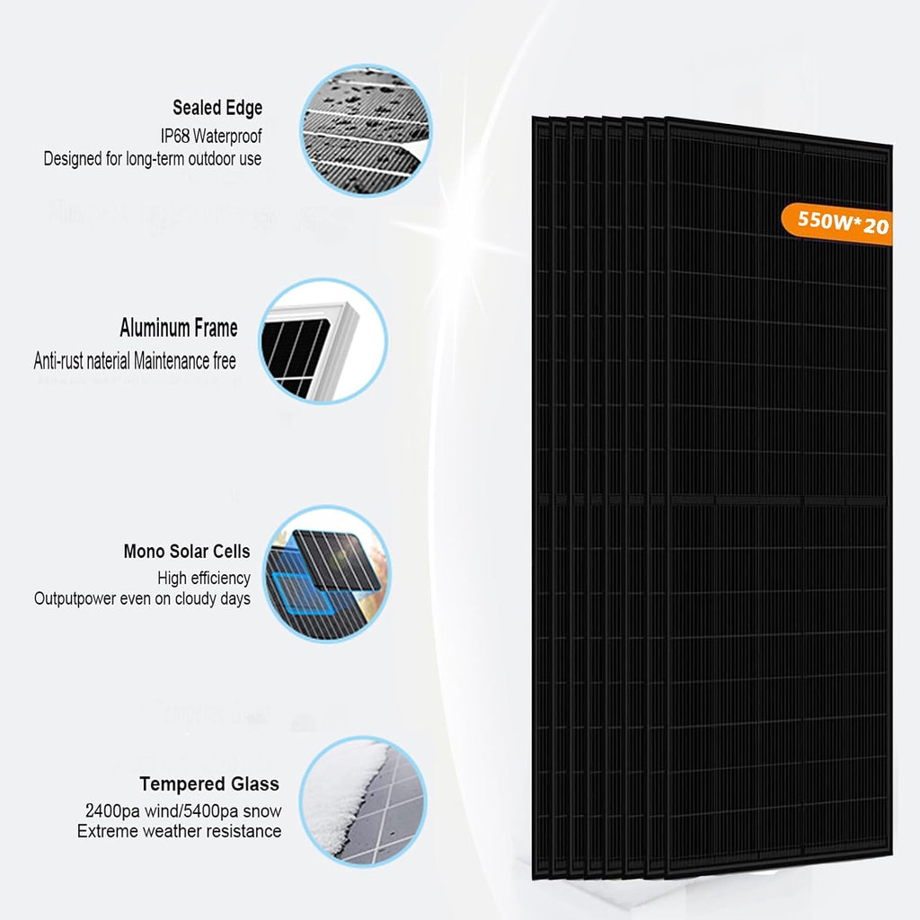 11KW Off-Grid Solar Power System Complete Kit with 20PCS Bificial 550W Solar Panels 10KW Solar Storage Inverter with MPPT Controller 48V 206Ah 10Kwh LiFePO4 Battery 120/240Vac