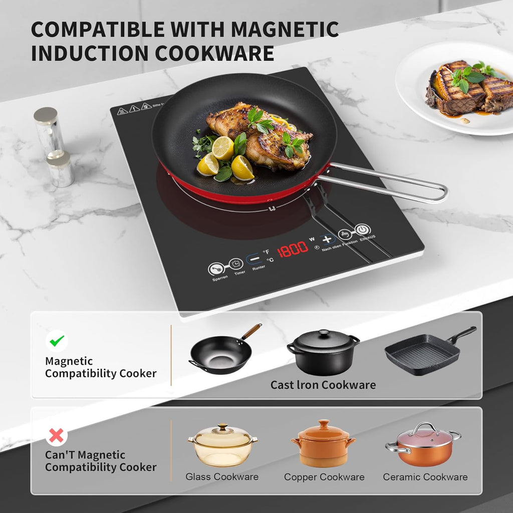 VBGK Portable Induction Cooktop With Ultra Thin Body, Low Noise Hot Plate With 1800W Sensor Touch Single Electric Cooktops Countertop Stove With 9 Temperature & Power Levels, 3-hour Timer, Safety Lock