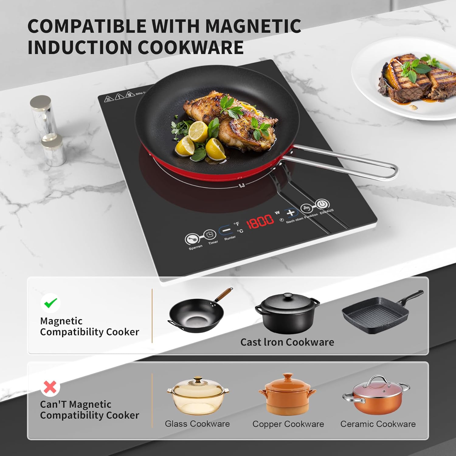 VBGK Portable Induction Cooktop With Ultra Thin Body, Low Noise Hot Plate With 1800W Sensor Touch Single Electric Cooktops Countertop Stove With 9 Temperature & Power Levels, 3-hour Timer, Safety Lock