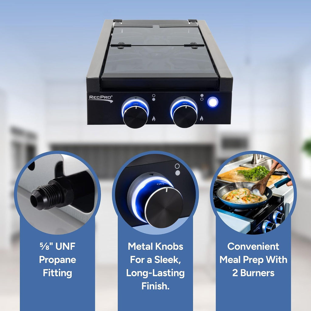 RecPro RV Built In Gas Cooktop | 2 Burner or 3 Burner | RV Cooktop Stove | 6,500 and 8,000 BTU Burners | Cover Included (2 Burner Black)
